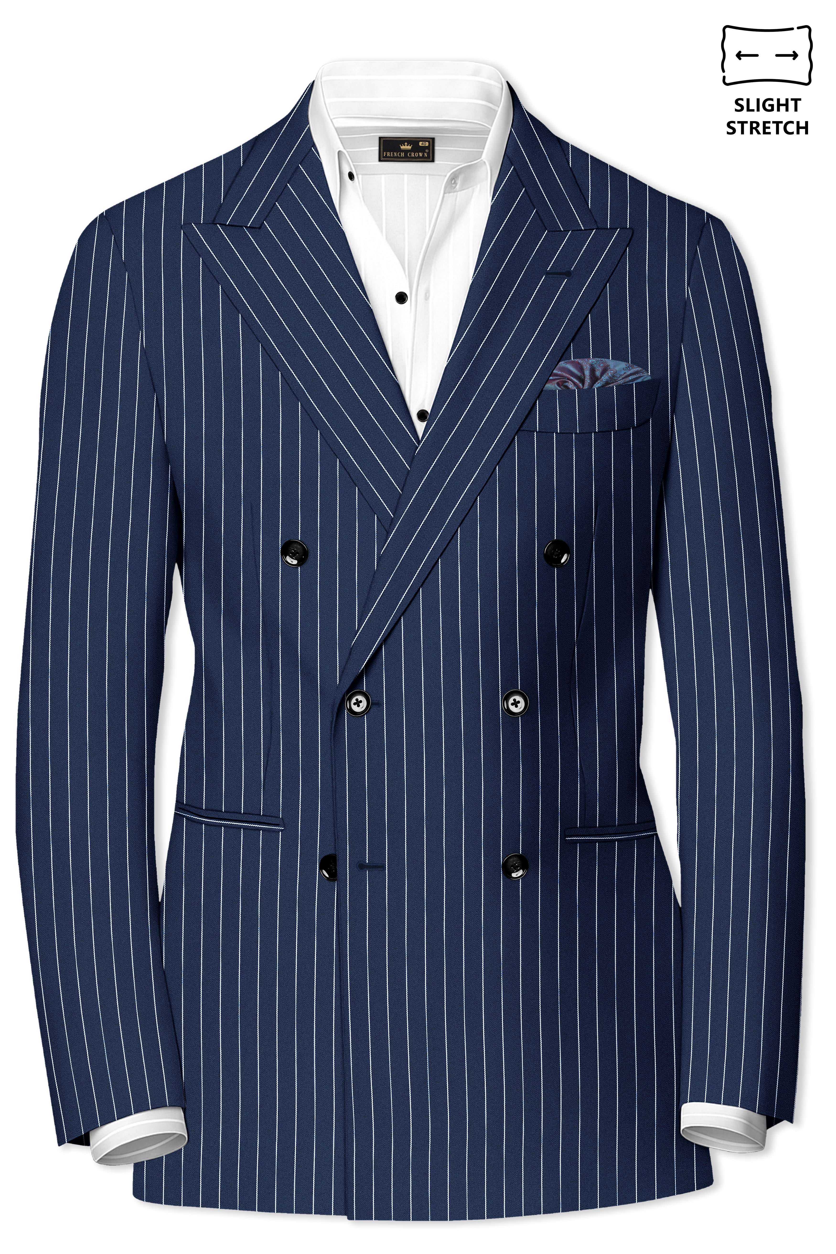 Astris-Space Blue Herringbone Striped Wool Rich Slight Stretch Double Breasted Blazer