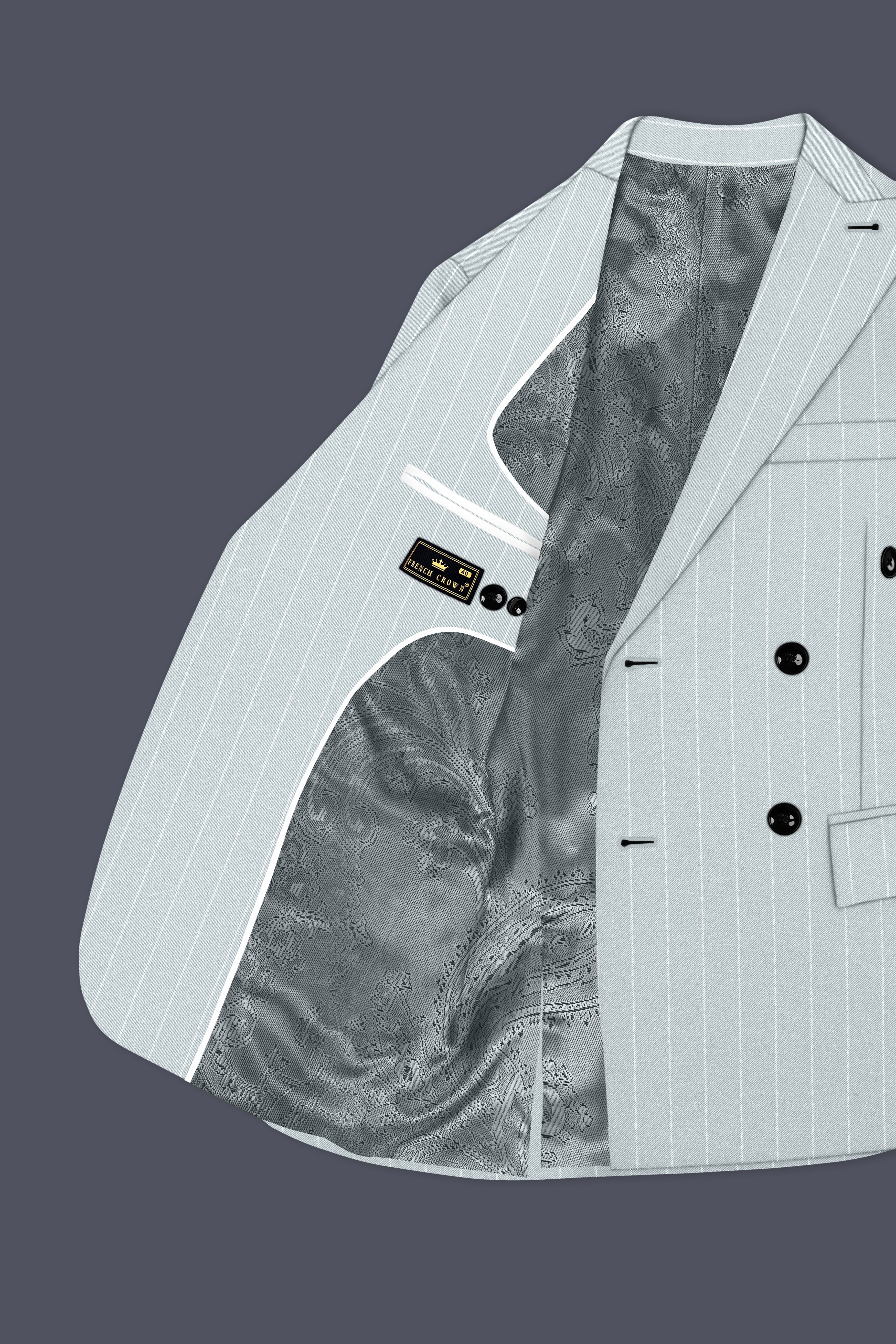 Slate-Tiara Gray And Bright White Chalk Striped Wool Rich Slight Stretch Double Breasted Blazer