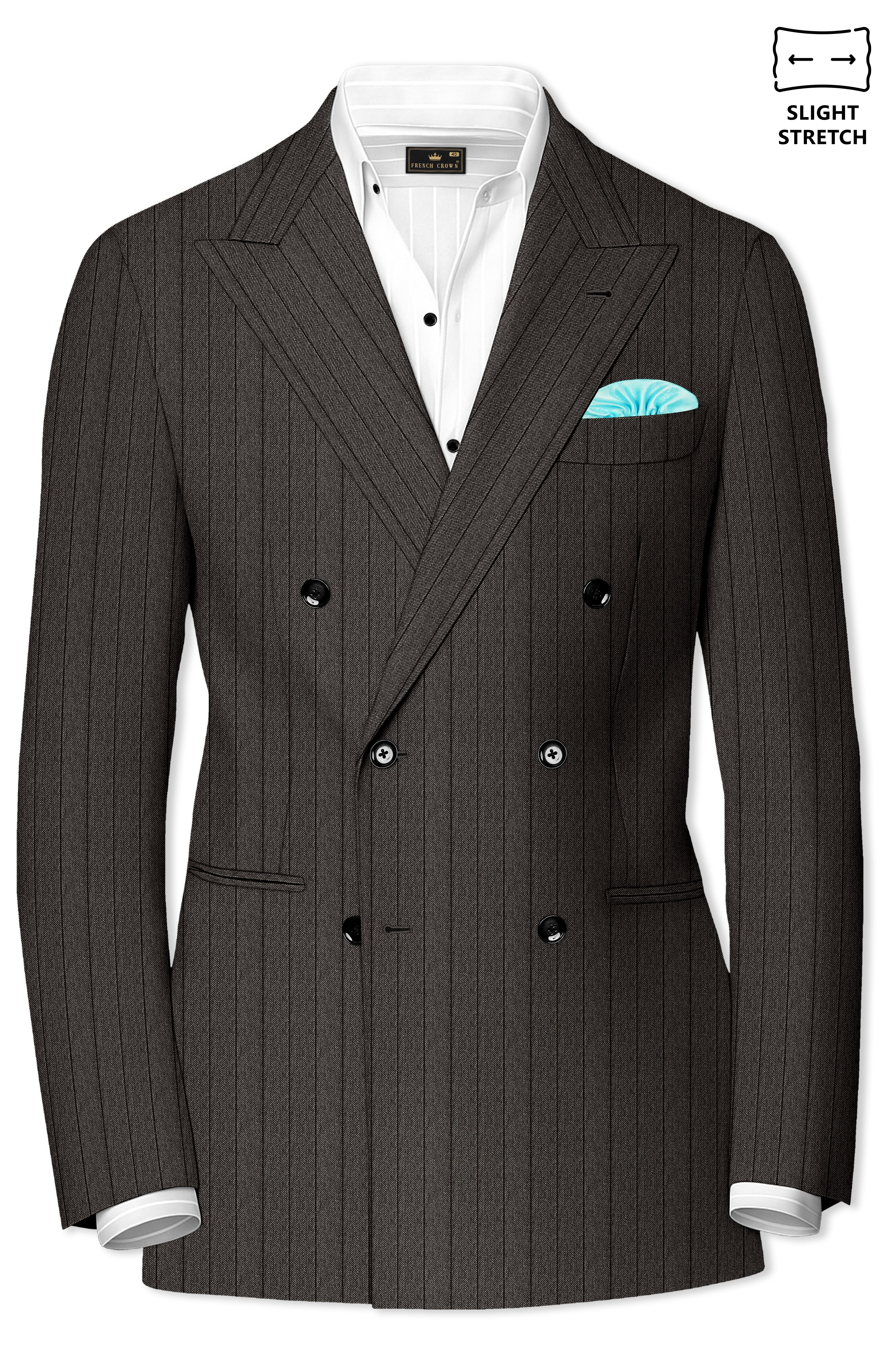 Heritage-Iridium Brown And Bright White Chalk Striped Wool Rich Slight Stretch Double Breasted Blazer