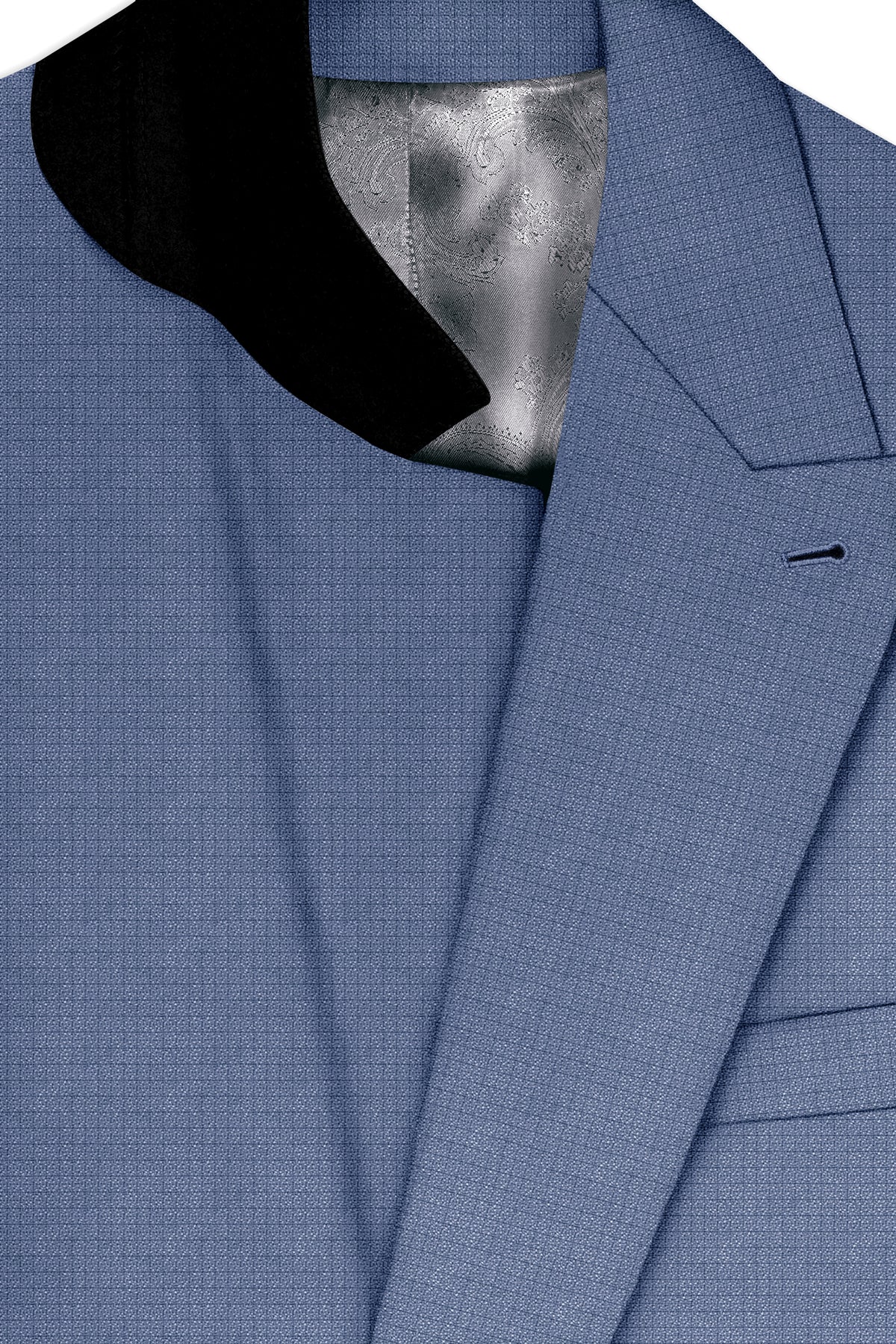 Sapphire-Raven Blue Diamond Textured Wool Rich Slight Stretch Double Breasted Blazer