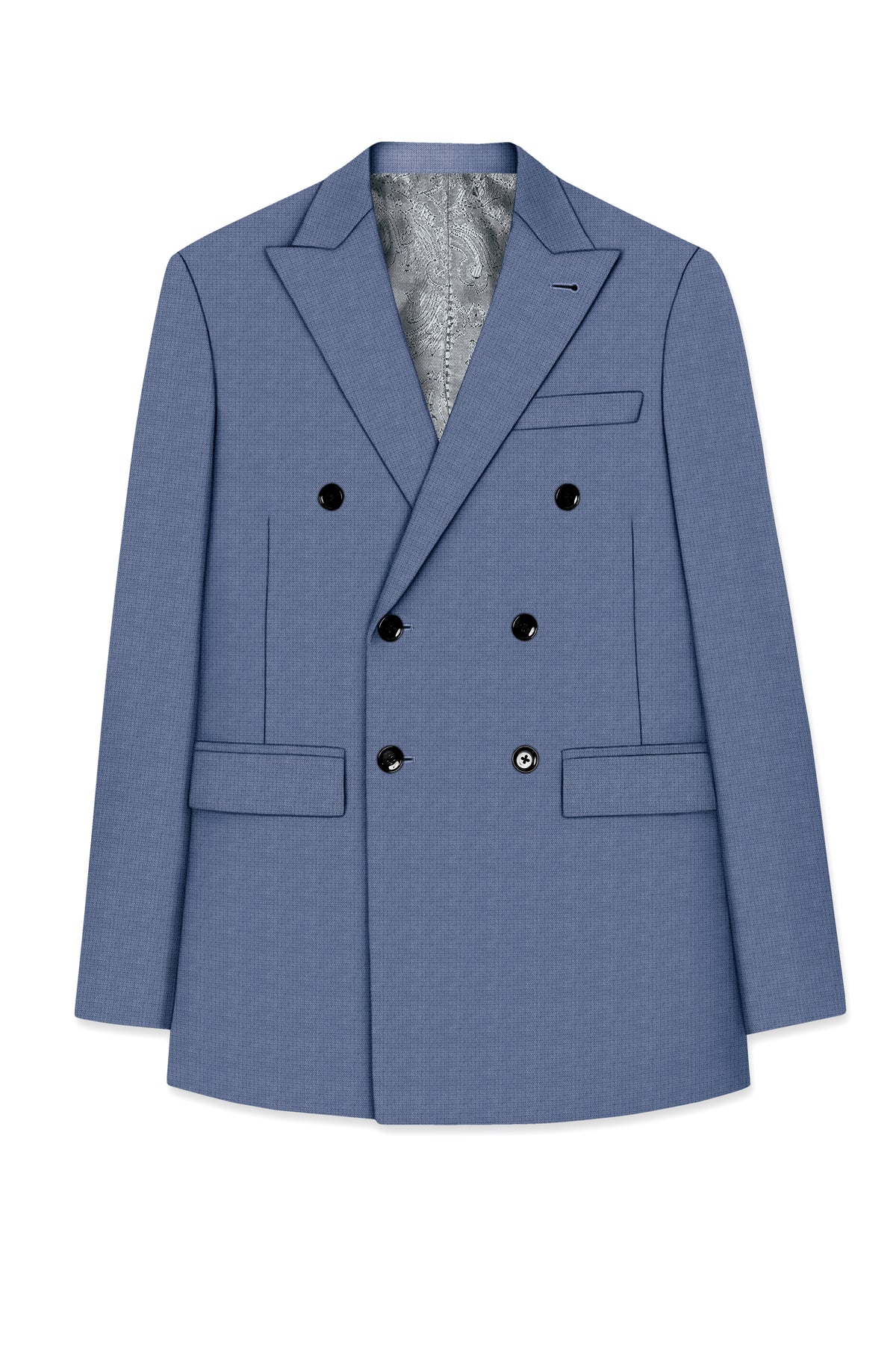 Sapphire-Raven Blue Diamond Textured Wool Rich Slight Stretch Double Breasted Blazer