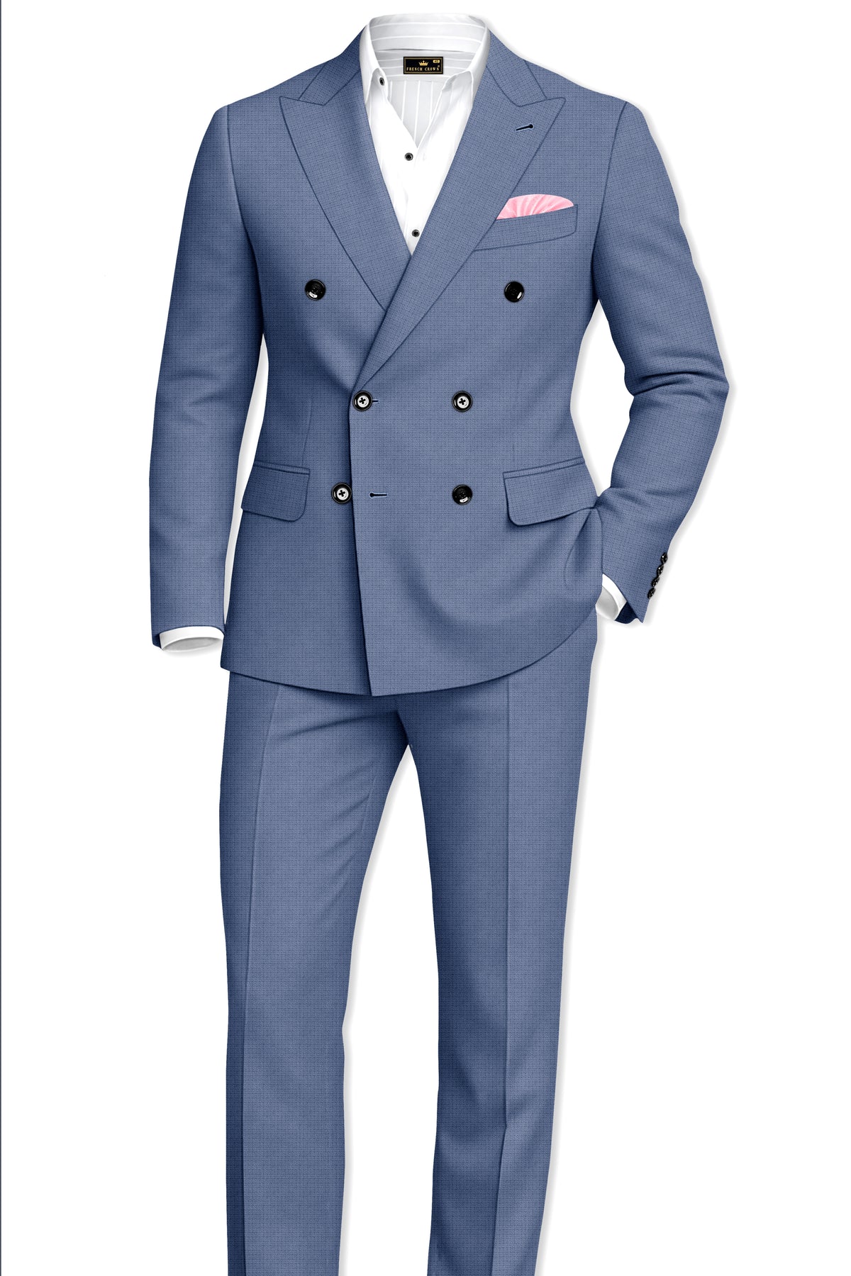 Sapphire-Raven Blue Diamond Textured Wool Rich Slight Stretch Double Breasted Blazer