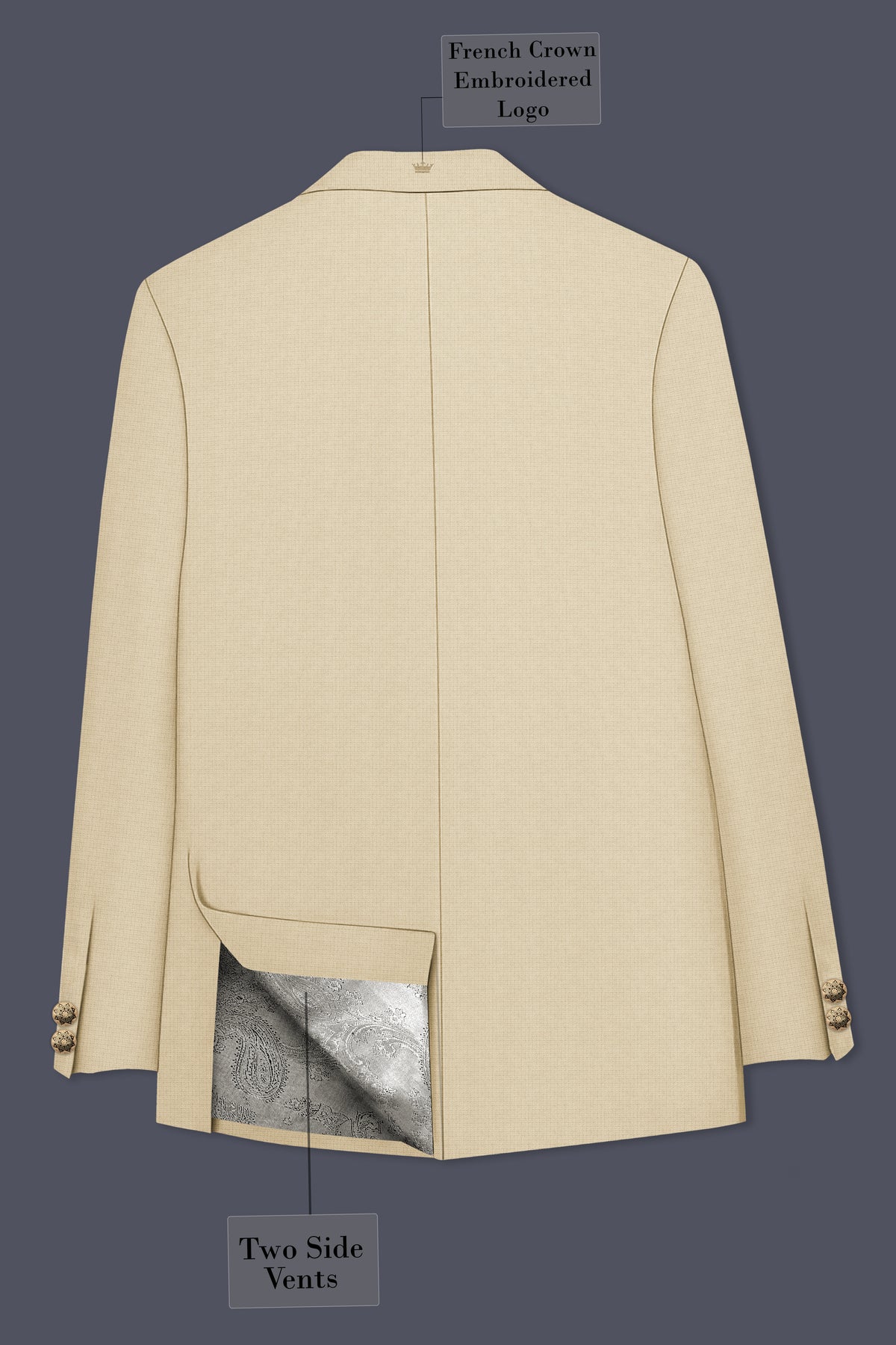 Alabaster-Vanilla Cream Diamond Textured Wool Rich Slight Stretch Cross Placket Bandhgala Blazer