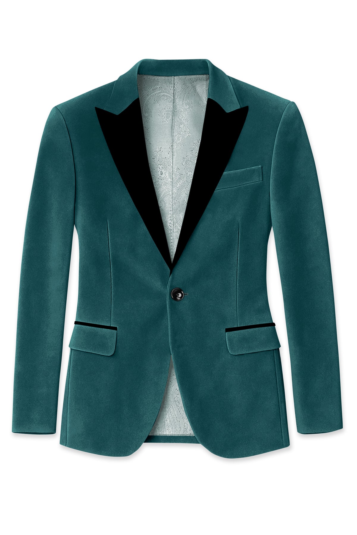 Verdant-Teal Green Velvet Peak Lapel Tuxedo Blazer