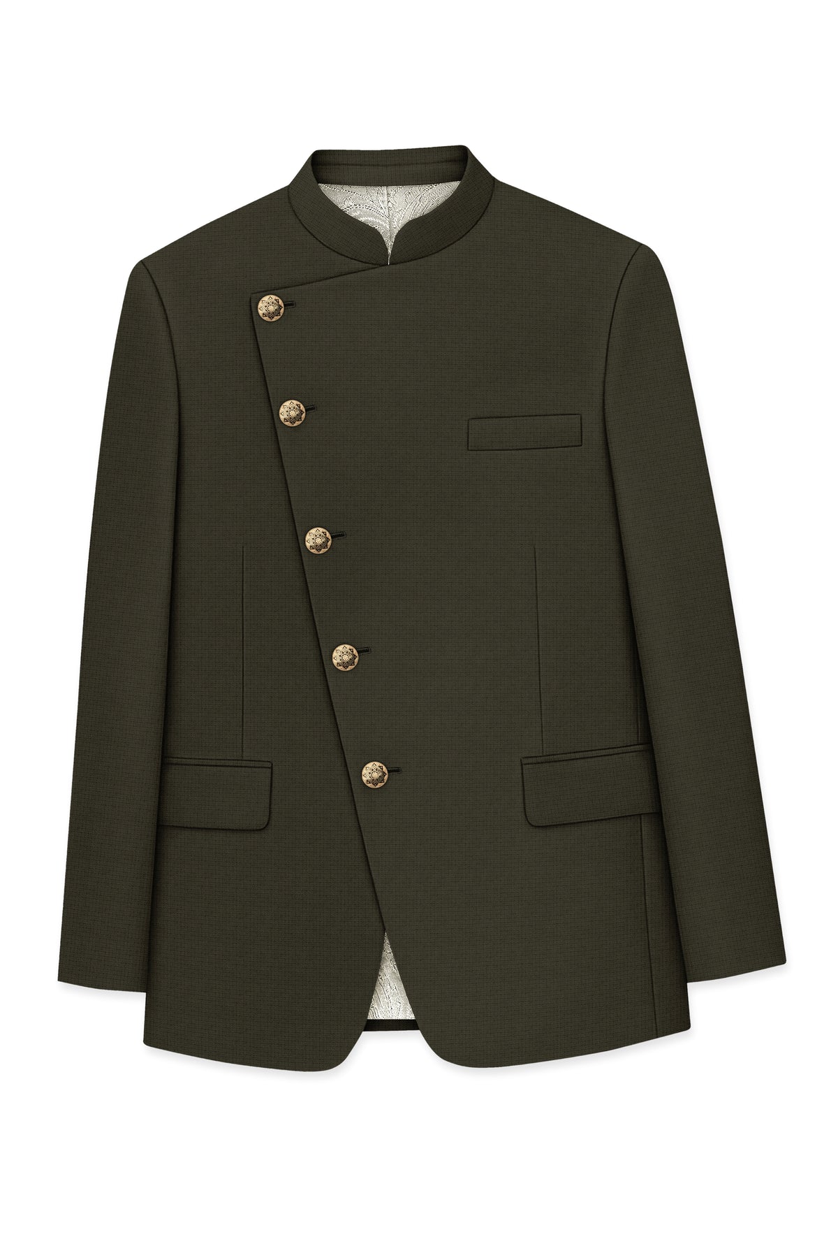 Prestige-Zeus Green Diamond Textured Wool Rich Slight Stretch Cross Placket Bandhgala Blazer