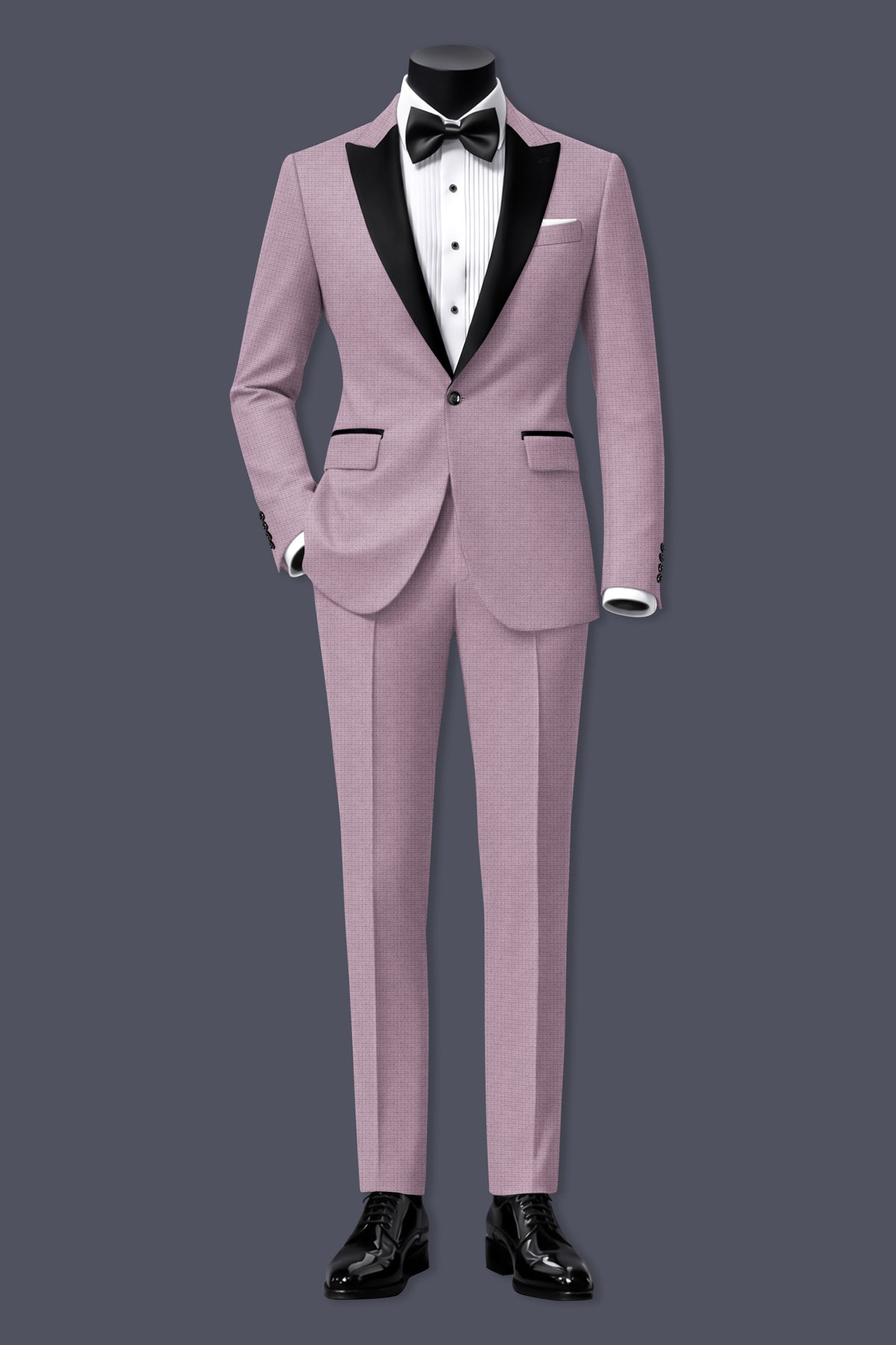 Regalia-Mountbatten Pink Diamond Textured Wool Rich Slight Stretch Peak Lapel Tuxedo Blazer