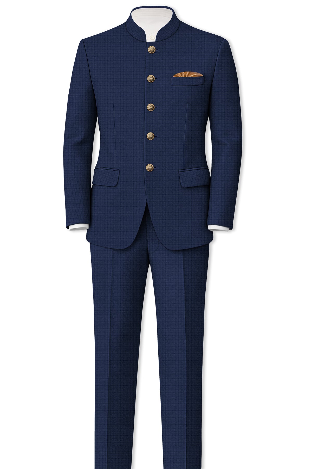 Regent-Ebony Blue Diamond Textured Wool Rich Slight Stretch Bandhgala Blazer