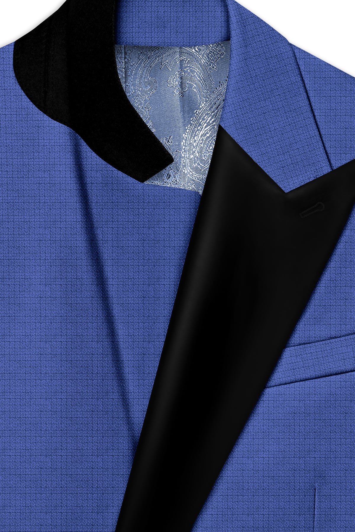 Aurelio-Chambray Blue Diamond Textured Wool Rich Slight Stretch Peak Lapel Tuxedo Blazer