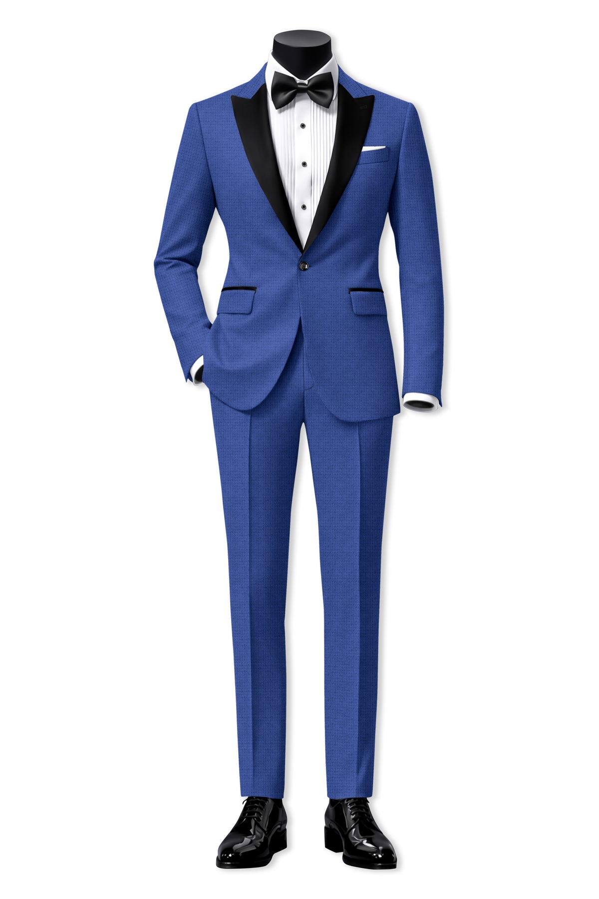Aurelio-Chambray Blue Diamond Textured Wool Rich Slight Stretch Peak Lapel Tuxedo Blazer