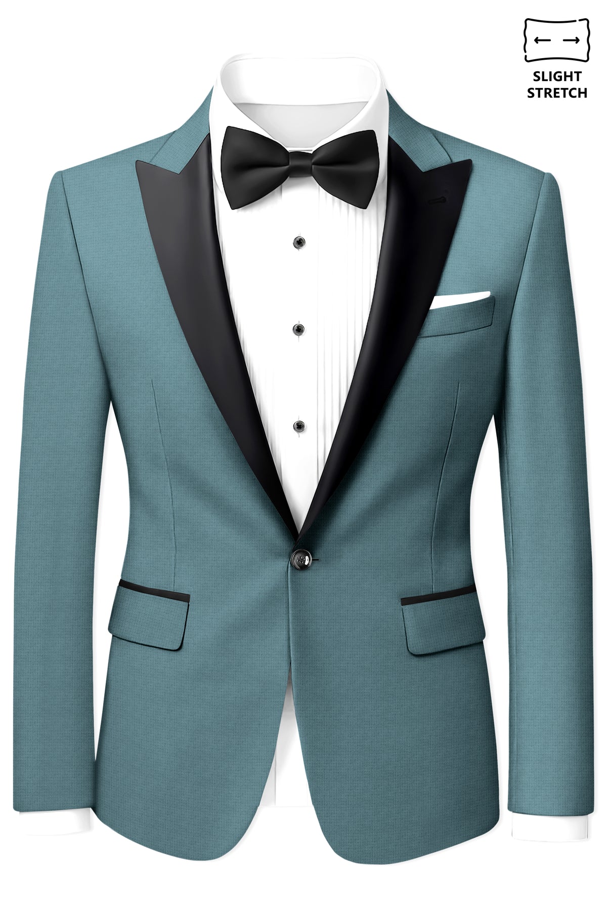 Viridian-Beetle Green Diamond Textured Wool Rich Slight Stretch Peak Lapel Tuxedo Blazer