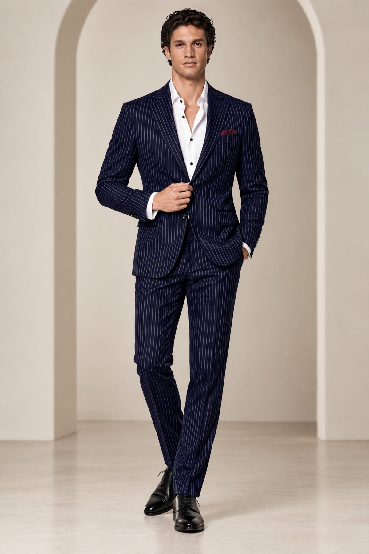 Mariner-Denim Blue And Bright White Chalk Striped Wool Rich Wrinkle-Free Fluid Drape Fabric Single Breasted Blazer