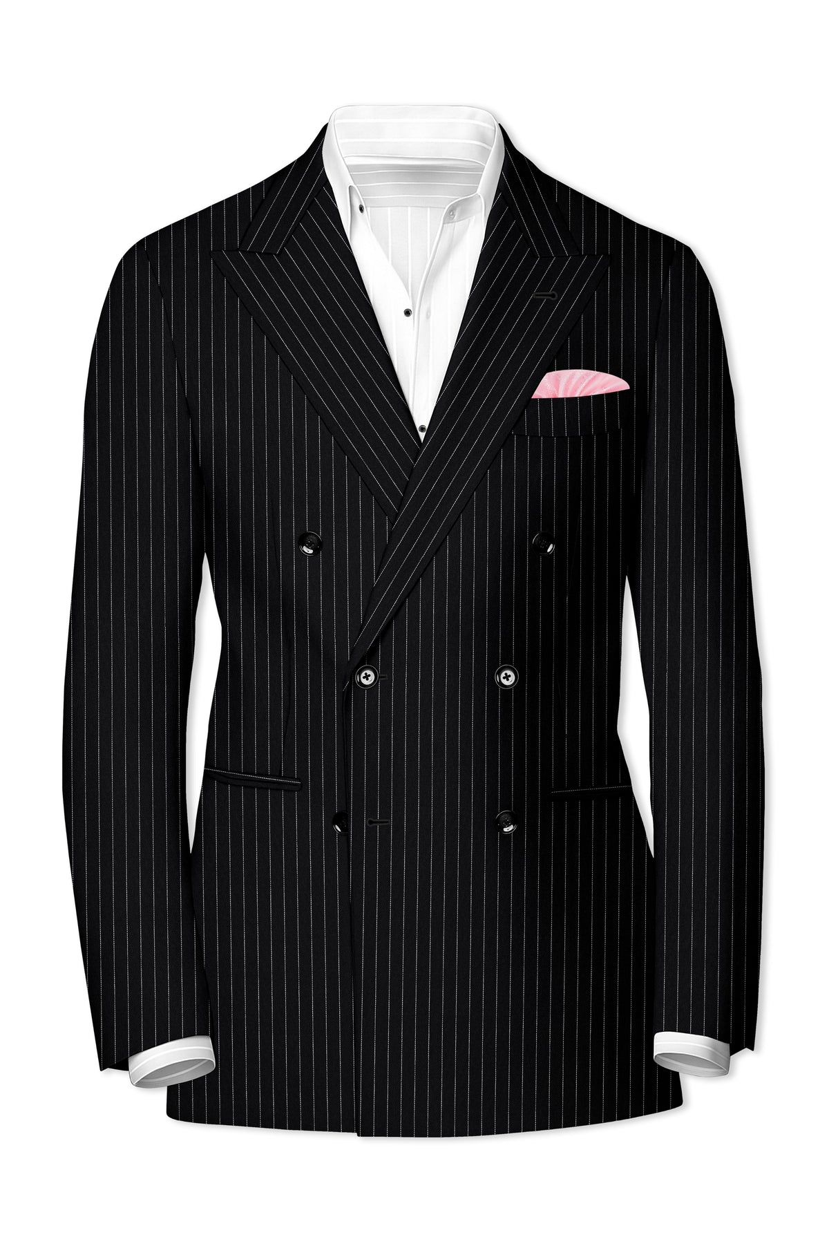 Gravitas-Jade Black And Bright White Chalk Striped Wool Rich Wrinkle-Free Fluid Drape Fabric Double Breasted Blazer