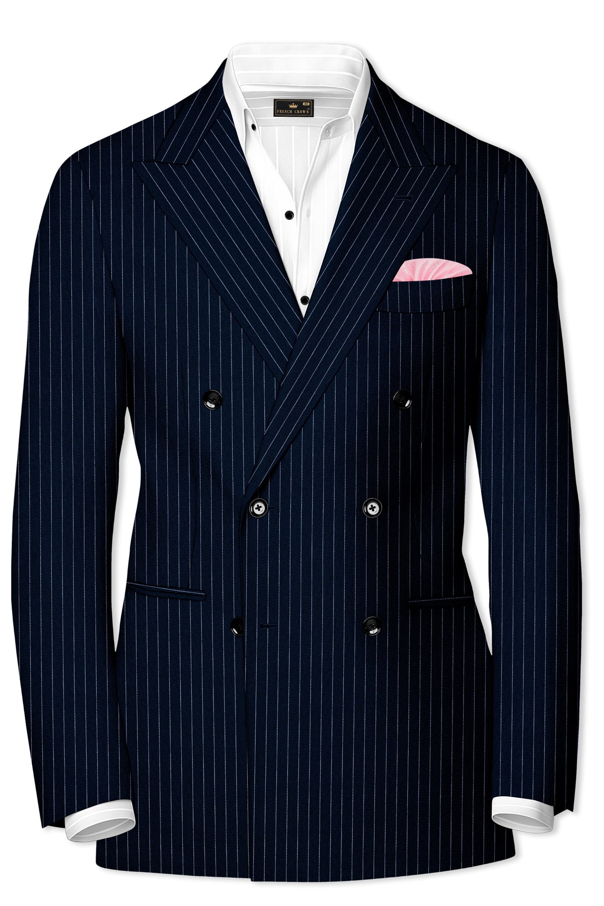 Zenith-Imperial Teal Green And Bright White Chalk Striped Wool Rich Wrinkle-Free Fluid Drape Fabric Double Breasted Blazer
