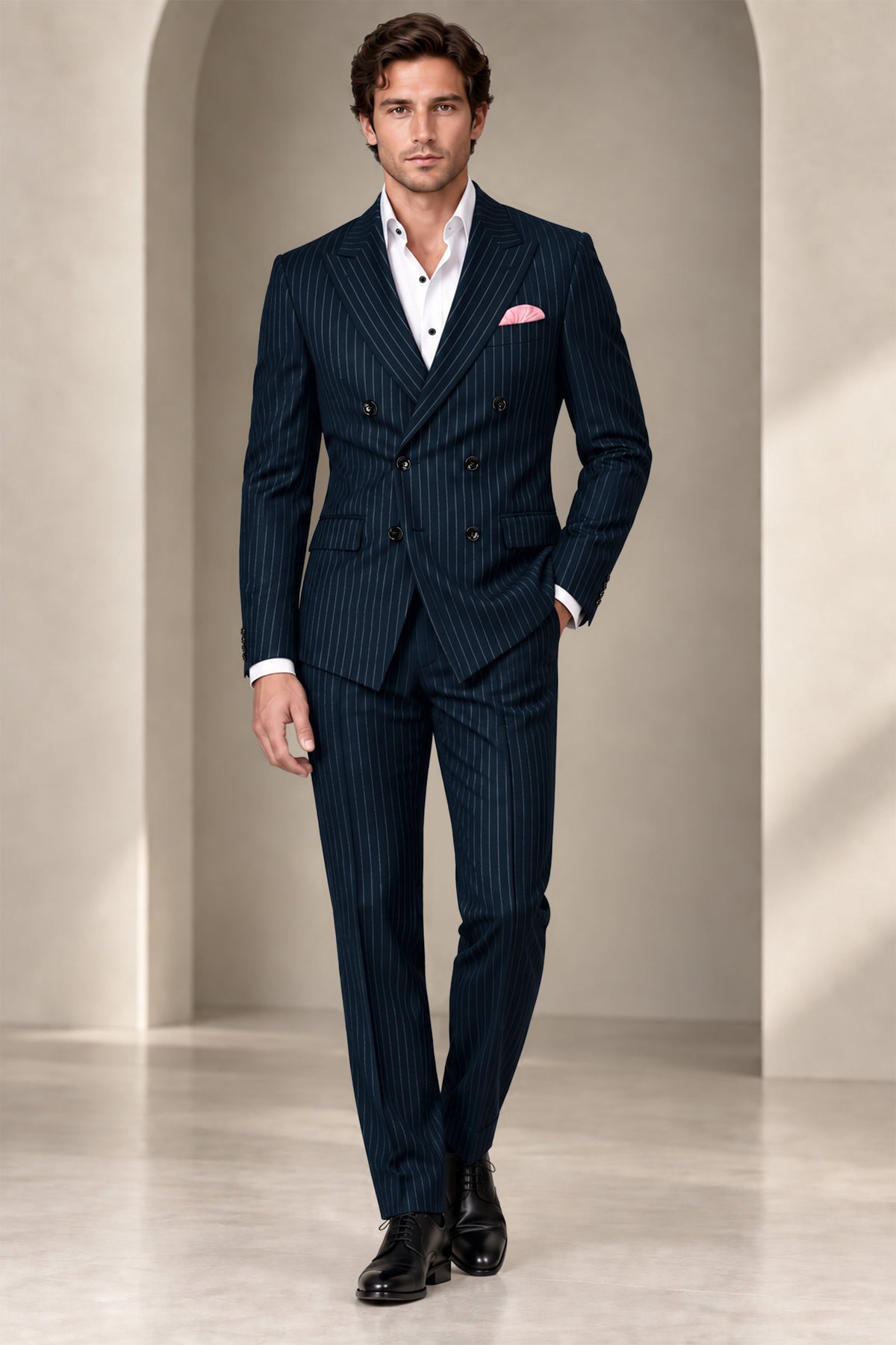 Zenith-Imperial Teal Green And Bright White Chalk Striped Wool Rich Wrinkle-Free Fluid Drape Fabric Double Breasted Blazer