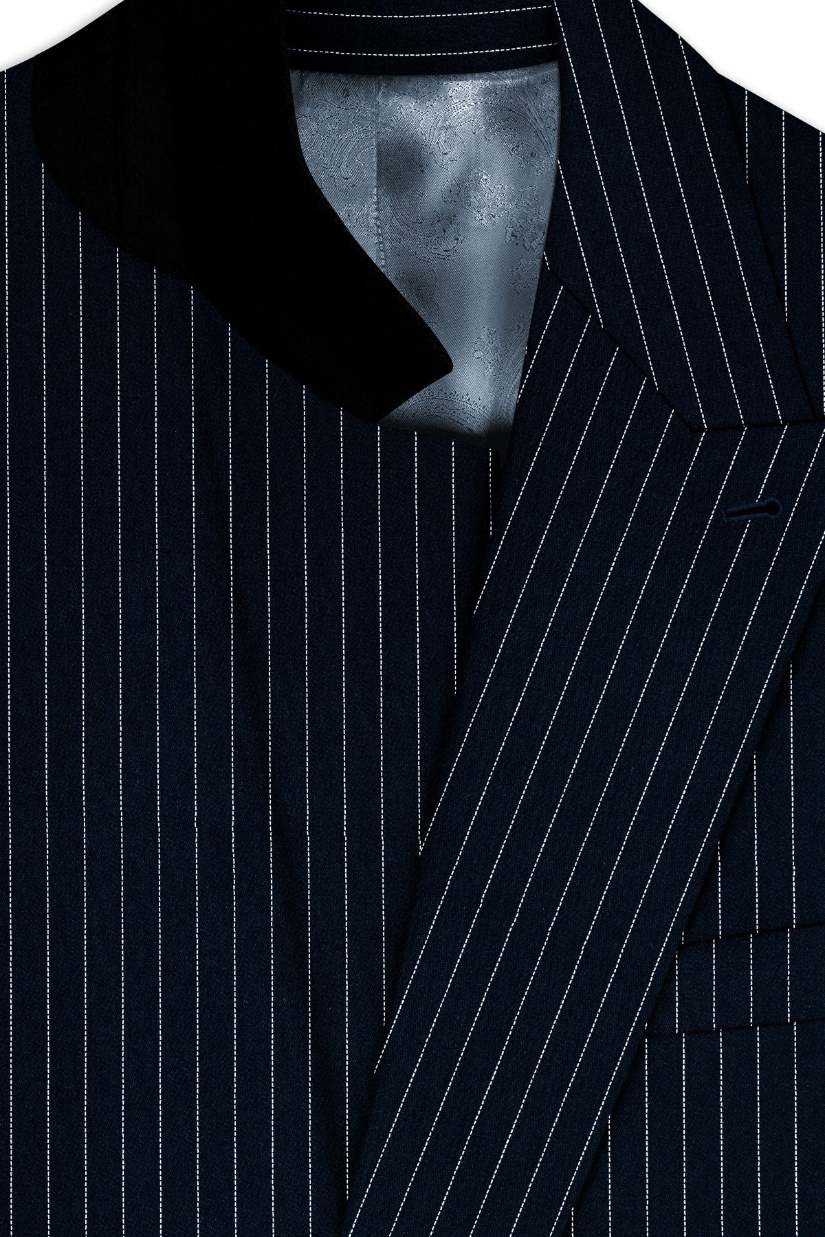 Zenith-Imperial Teal Green And Bright White Chalk Striped Wool Rich Wrinkle-Free Fluid Drape Fabric Double Breasted Blazer
