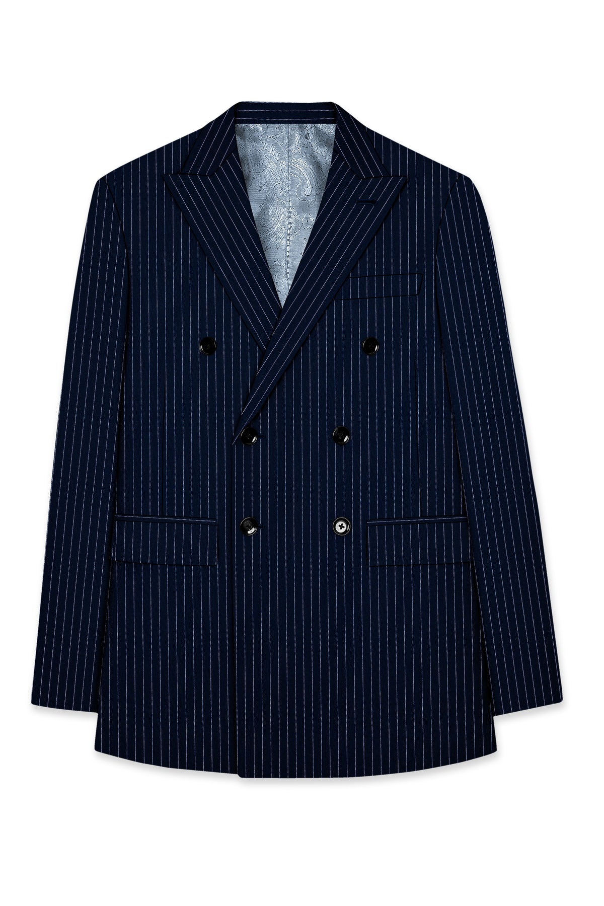 Zenith-Imperial Teal Green And Bright White Chalk Striped Wool Rich Wrinkle-Free Fluid Drape Fabric Double Breasted Blazer