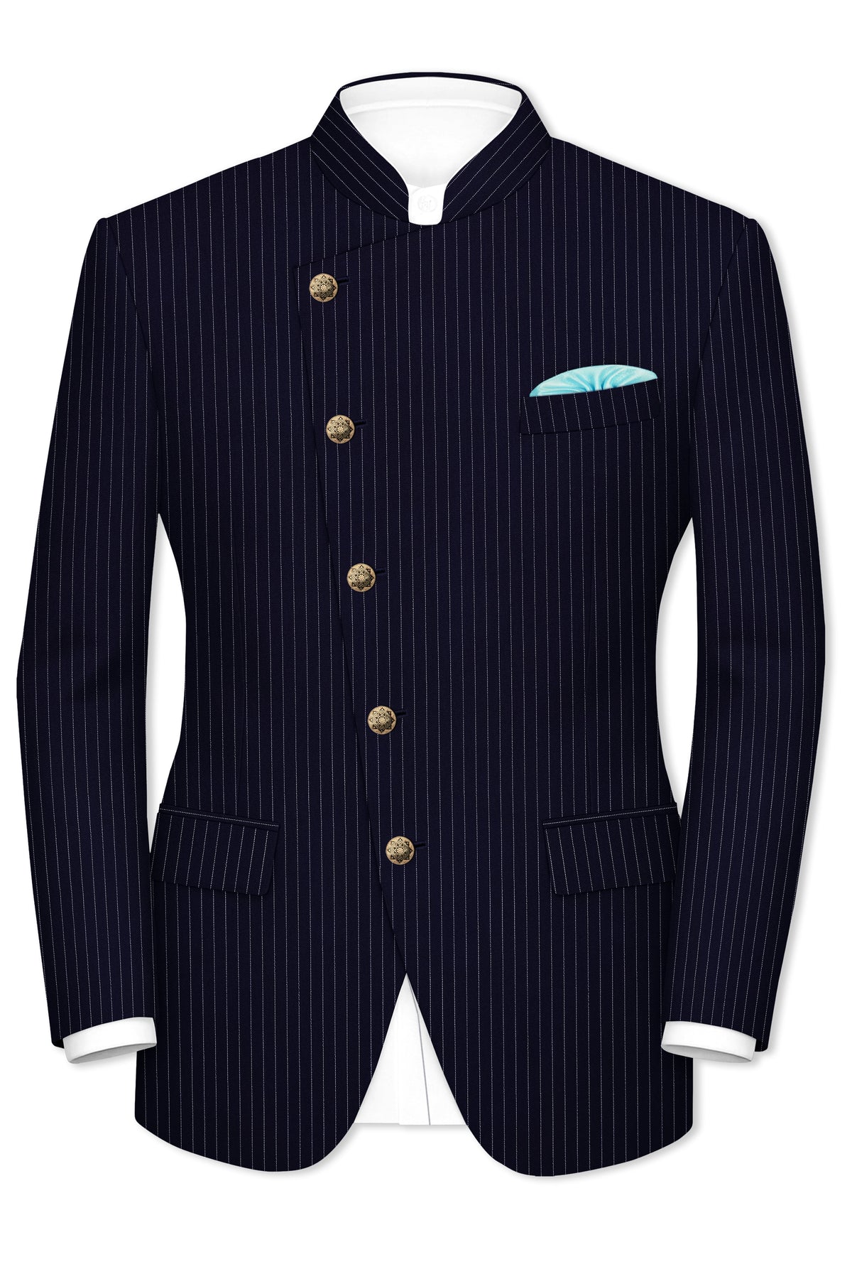 Mariner-Denim Blue And Bright White Chalk Striped Wool Rich Wrinkle-Free Fluid Drape Fabric Cross Placket Bandhgala Blazer