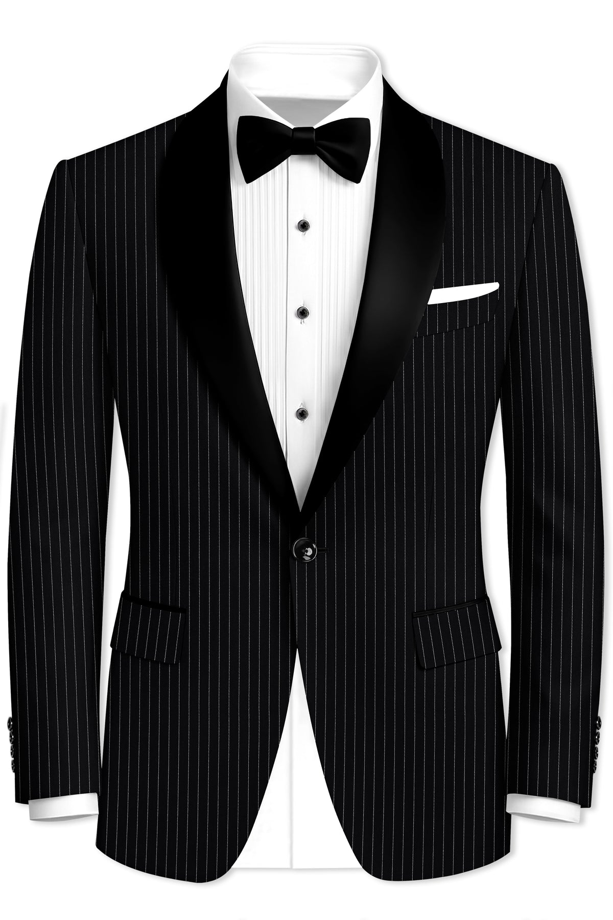 Gravitas-Jade Black And Bright White Chalk Striped Wool Rich Wrinkle-Free Fluid Drape Fabric Tuxedo Blazer