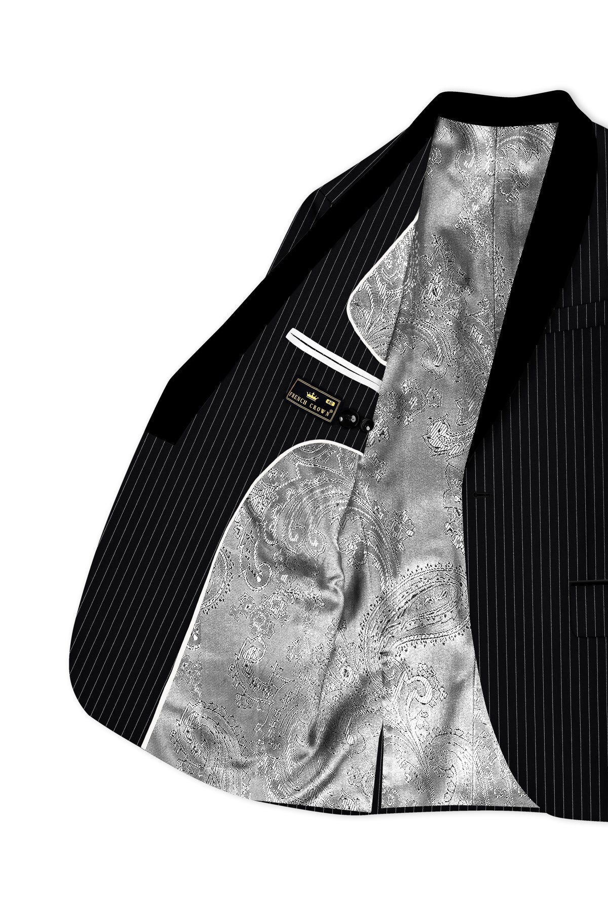 Gravitas-Jade Black And Bright White Chalk Striped Wool Rich Wrinkle-Free Fluid Drape Fabric Tuxedo Blazer