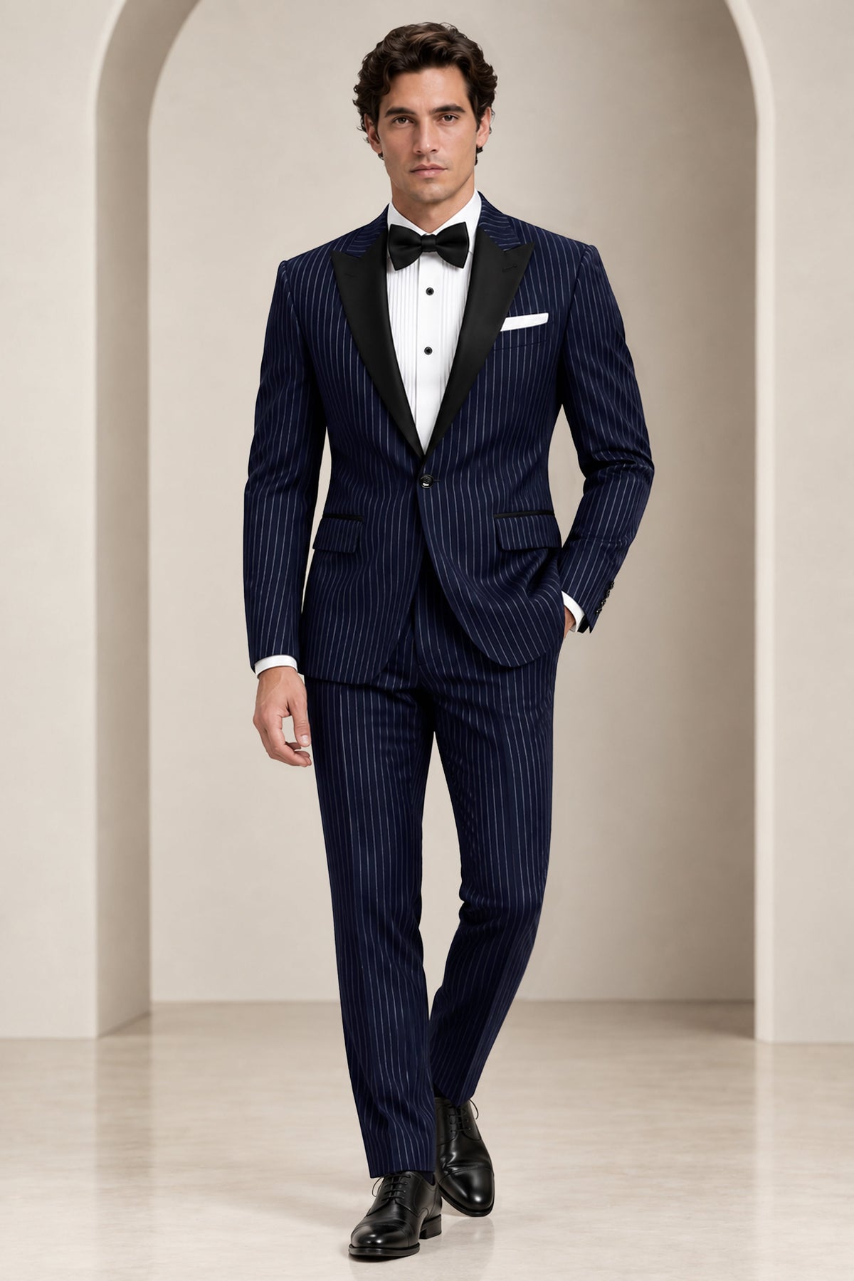 Mariner-Denim Blue And Bright White Chalk Striped Wool Rich Wrinkle-Free Fluid Drape Fabric Peak Lapel Tuxedo Blazer