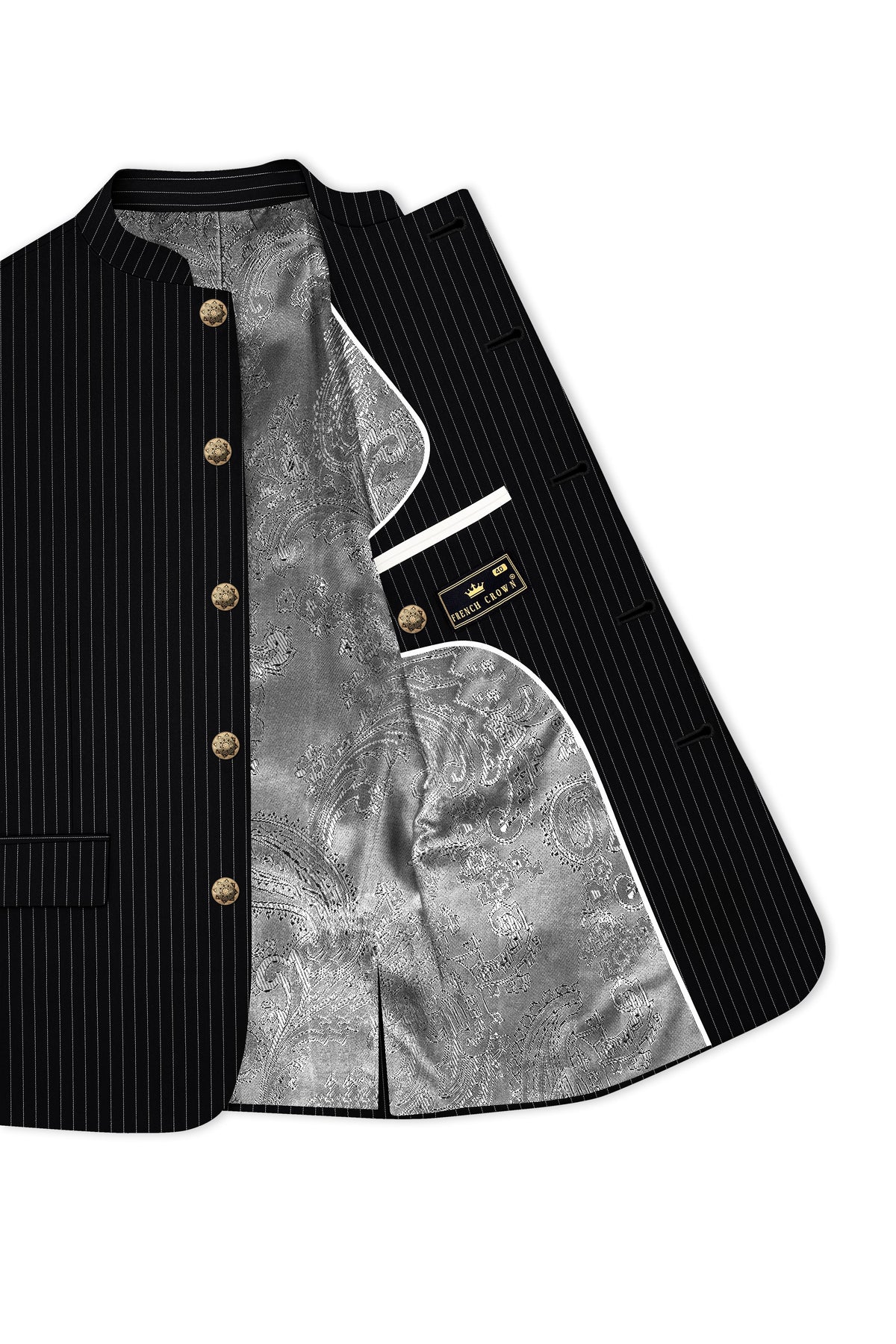 Gravitas-Jade Black And Bright White Chalk Striped Wool Rich Wrinkle-Free Fluid Drape Fabric Bandhgala Blazer