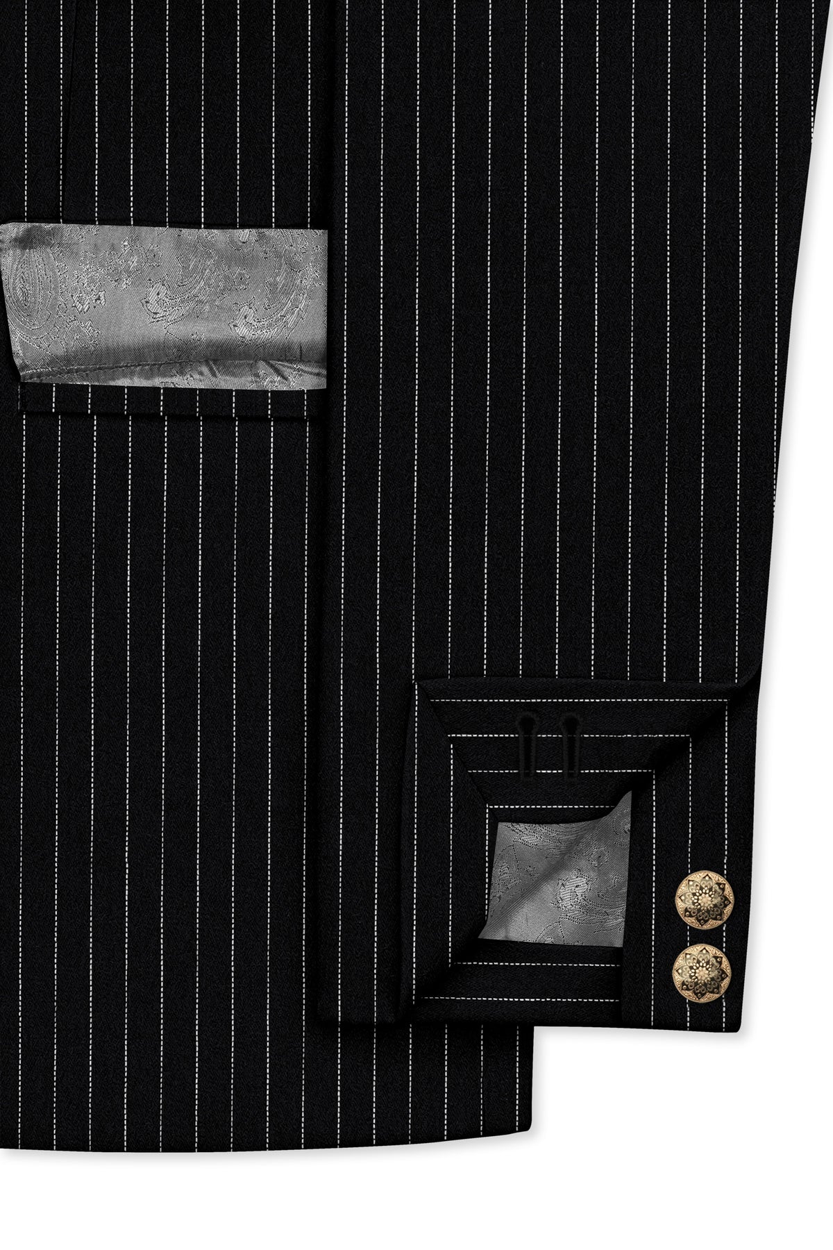 Gravitas-Jade Black And Bright White Chalk Striped Wool Rich Wrinkle-Free Fluid Drape Fabric Bandhgala Blazer