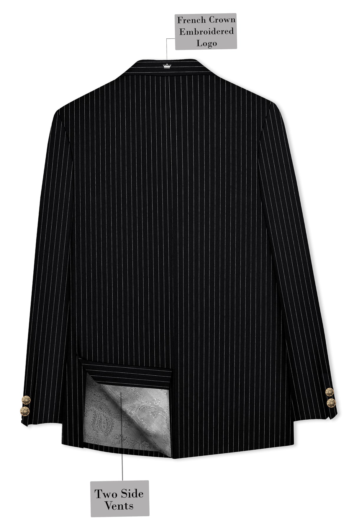 Gravitas-Jade Black And Bright White Chalk Striped Wool Rich Wrinkle-Free Fluid Drape Fabric Bandhgala Blazer