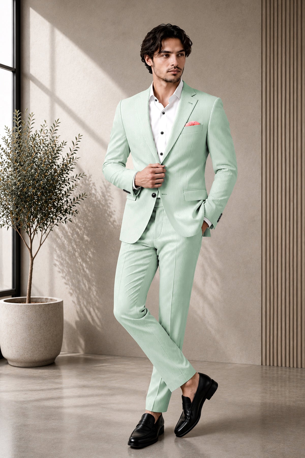 Viridis-Pumice Green Diamond Textured Wool Rich Slight Stretch Single Breasted Blazer