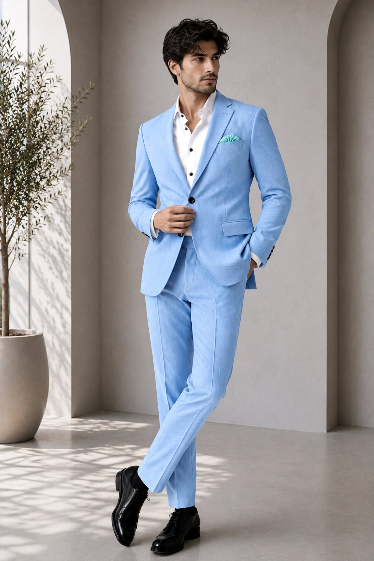 Cobalt-Jordy Blue Diamond Textured Wool Rich Slight Stretch Single Breasted Blazer