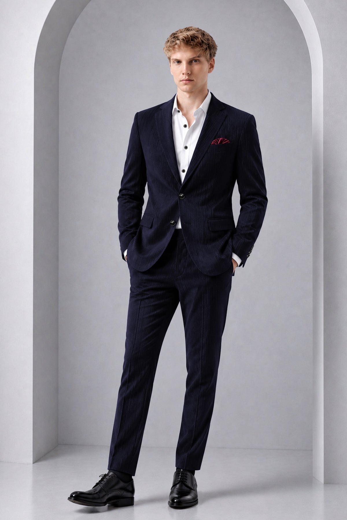 Valmont-Navy Blue Diamond Textured Wool Rich Slight Stretch Single Breasted Blazer