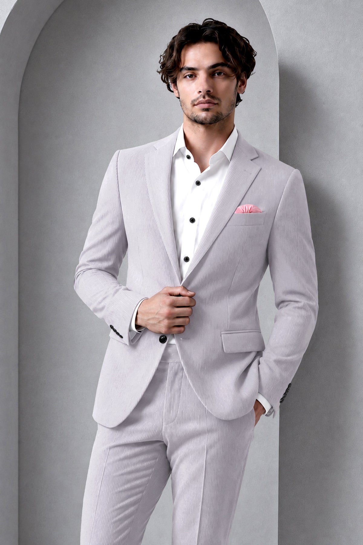 Virelli-Suva Gray Diamond Textured Wool Rich Slight Stretch Single Breasted Blazer