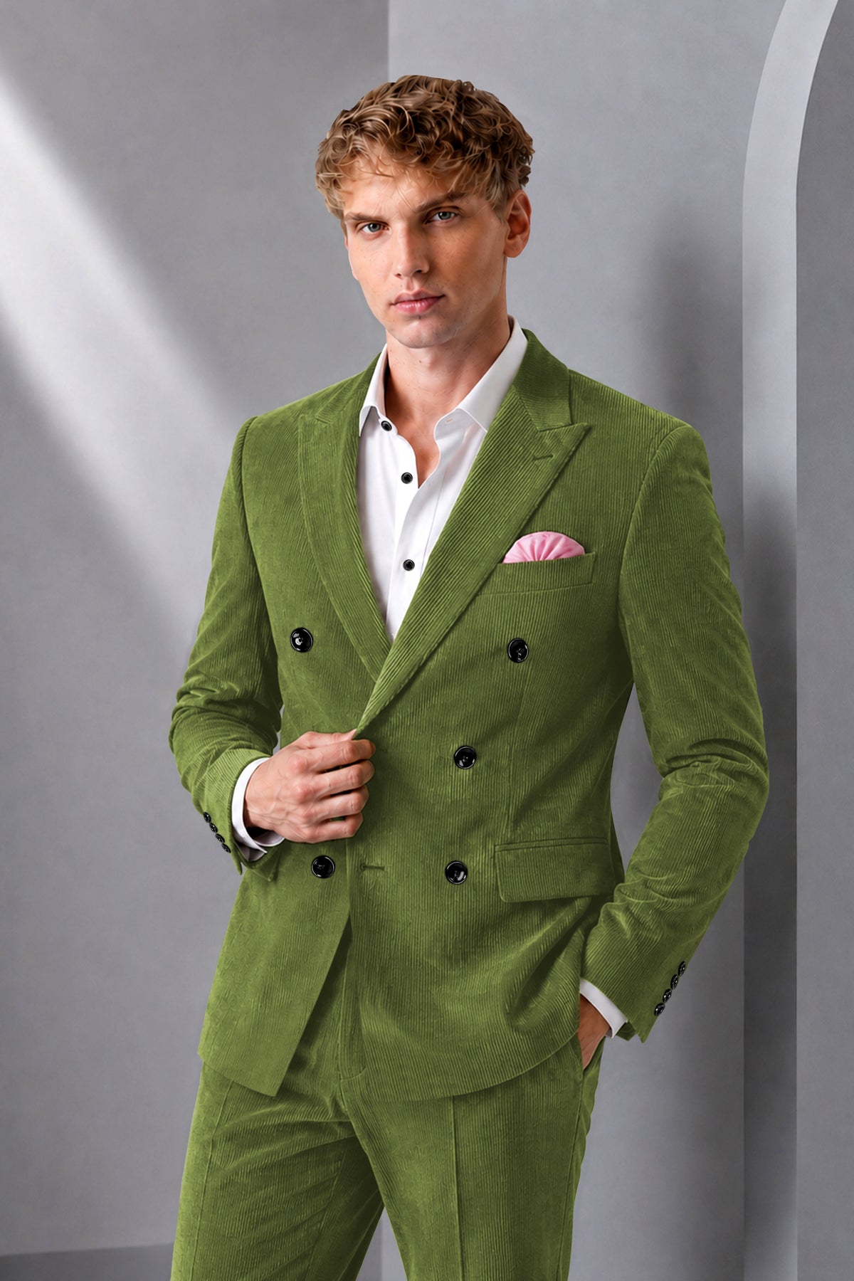 Hunter-Muddy Green Diamond Textured Wool Rich Slight Stretch Double Breasted Blazer