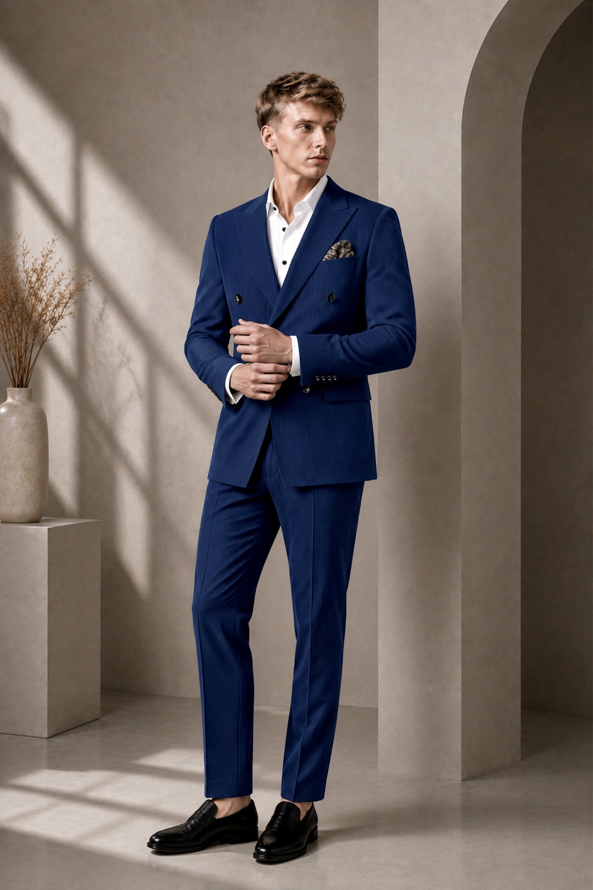 Velmont-Bunting Blue Diamond Textured Wool Rich Slight Stretch Double Breasted Blazer