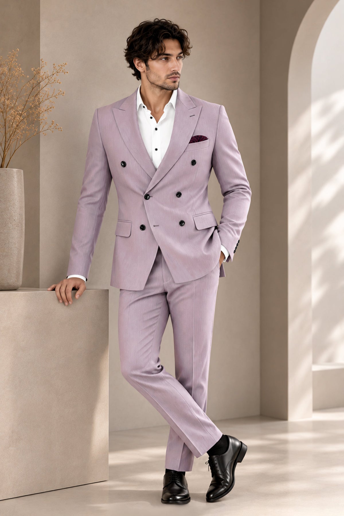 Celeste-Martini Pink Diamond Textured Wool Rich Slight Stretch Double Breasted Blazer