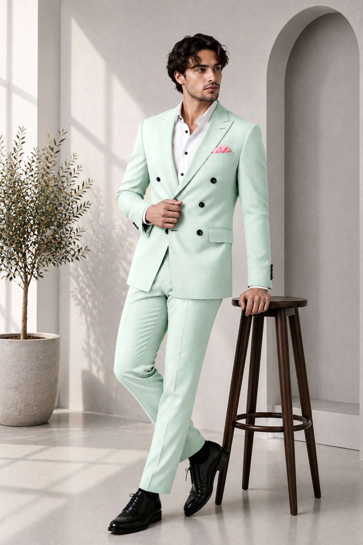 Viridis-Pumice Green Diamond Textured Wool Rich Slight Stretch Double Breasted Blazer