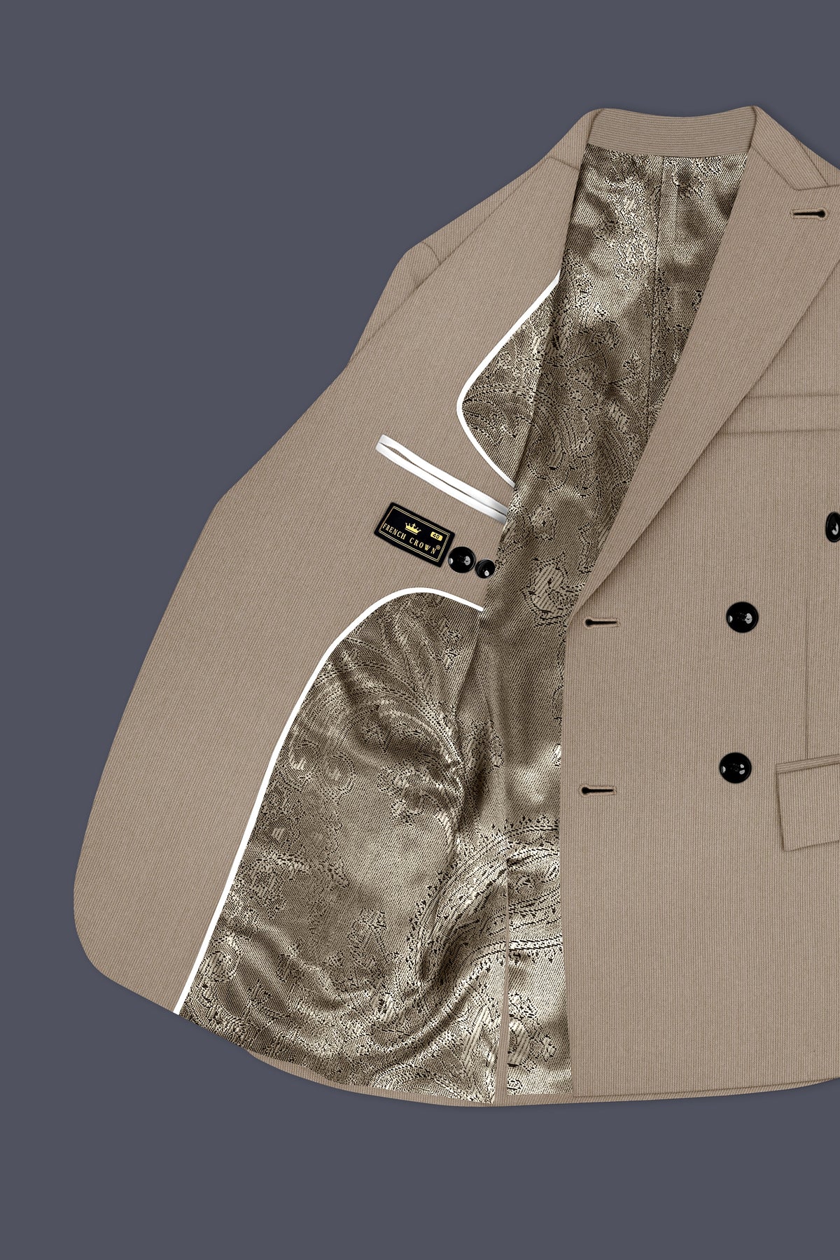 Terran-Sandrift Brown Diamond Textured Wool Rich Slight Stretch Double Breasted Blazer