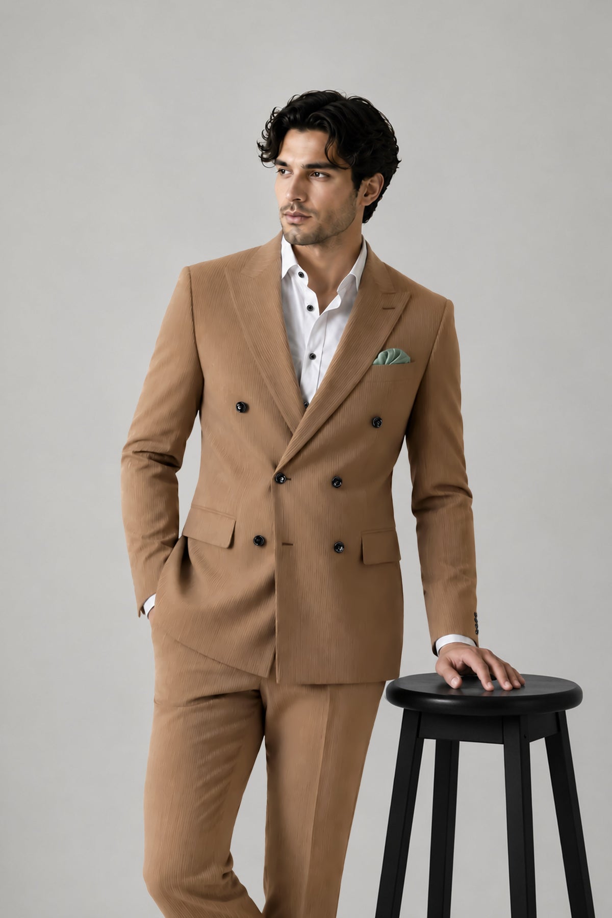 Weston-Millbrook Brown Diamond Textured Wool Rich Slight Stretch Double Breasted Blazer