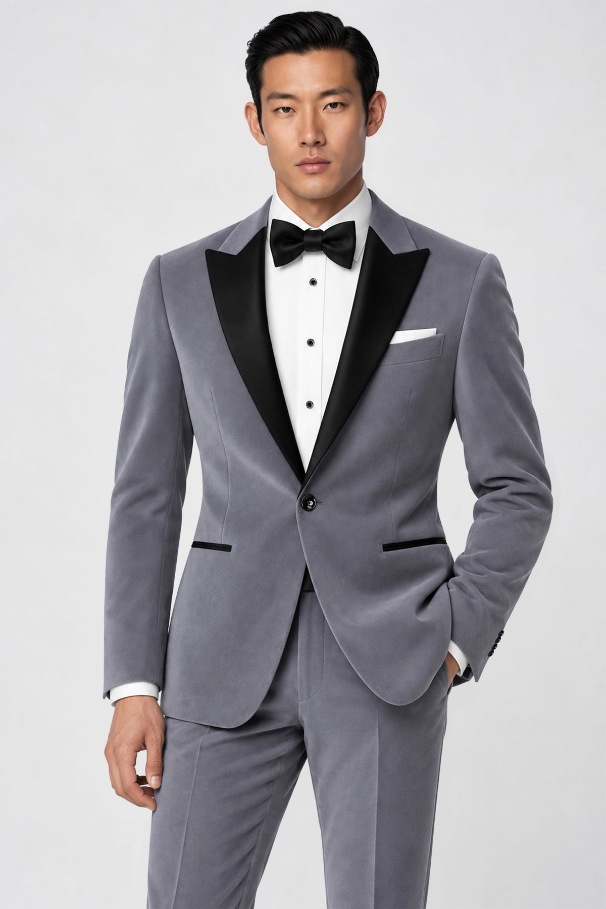 Velluto-Tuna Gray Velvet Peak Lapel Tuxedo Blazer
