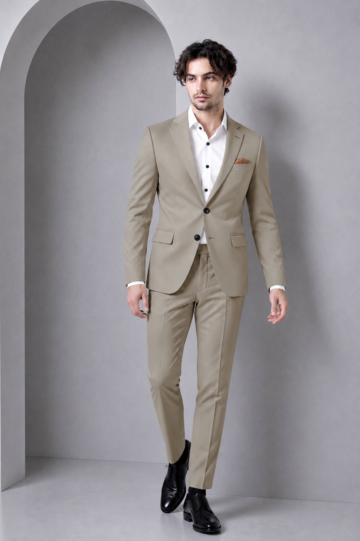 Mavren-Taupe Brown Diamond Textured Wool Rich Slight Stretch Single Breasted Blazer
