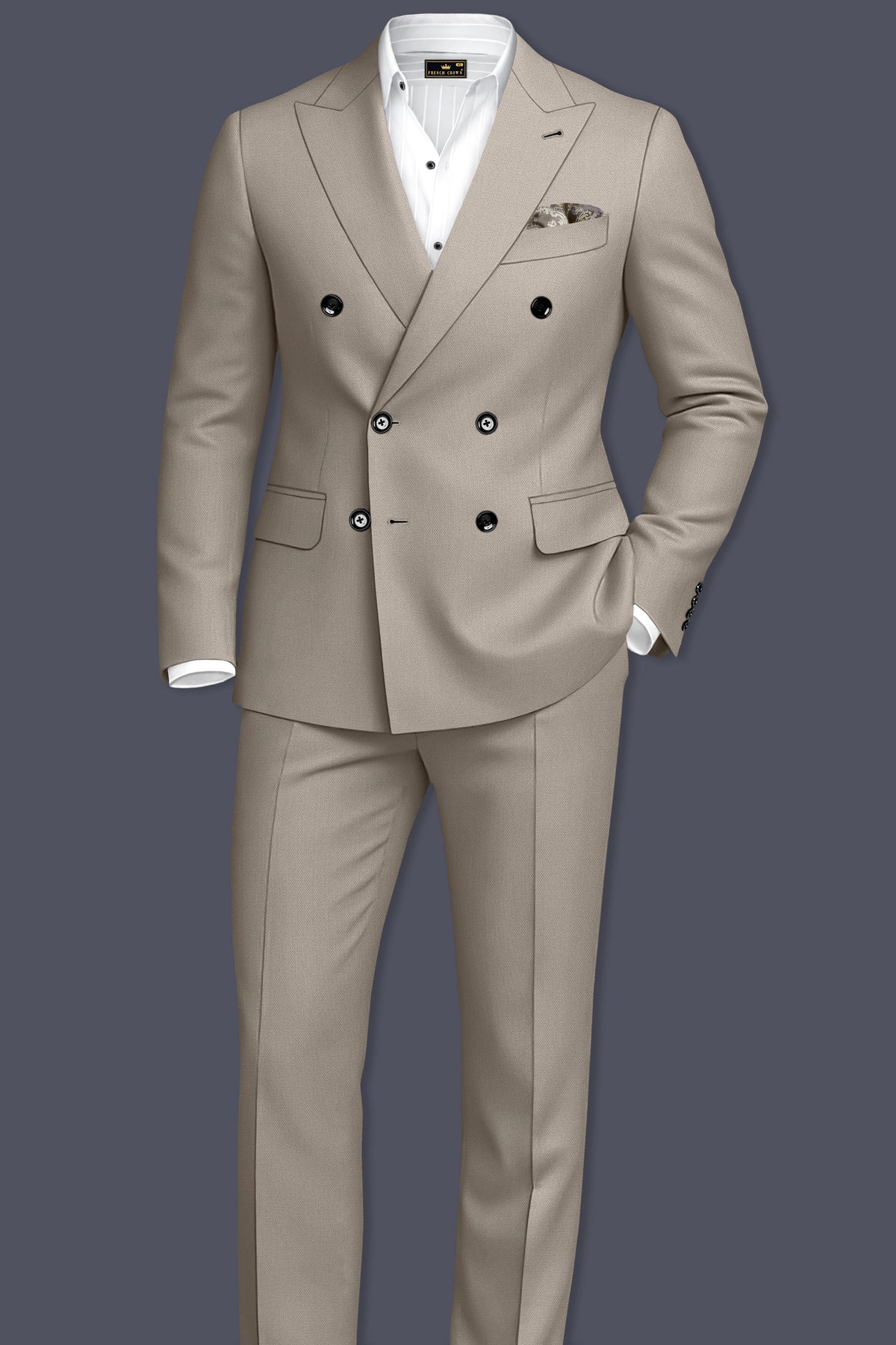 Mavren-Taupe Brown Diamond Textured Wool Rich Slight Stretch Double Breasted Blazer