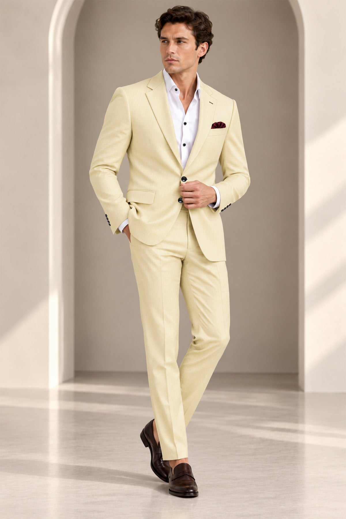 Lumine-Bavarian Cream Diamond Textured Wool Rich Slight Stretch Single Breasted Blazer