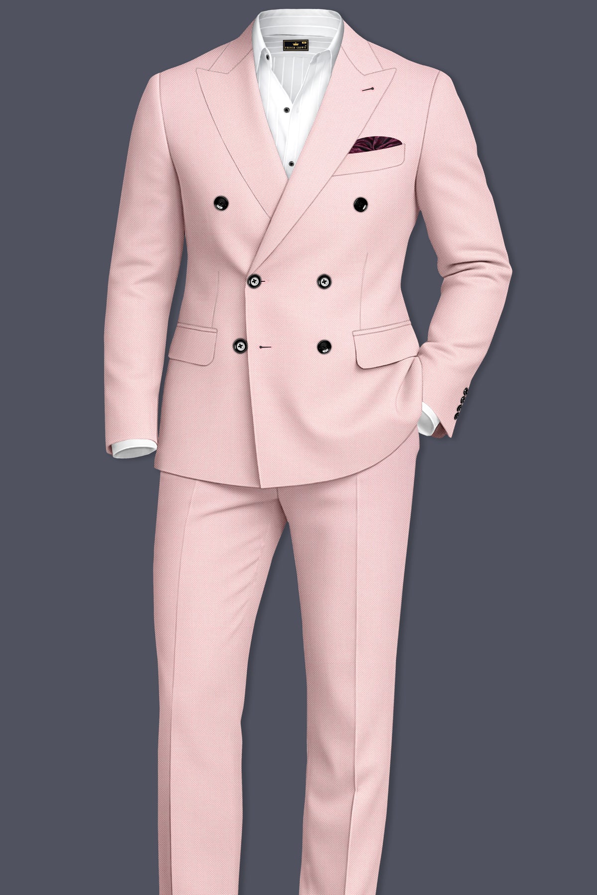 Blush-Cosmos Pink Diamond Textured Wool Rich Slight Stretch Double Breasted Blazer