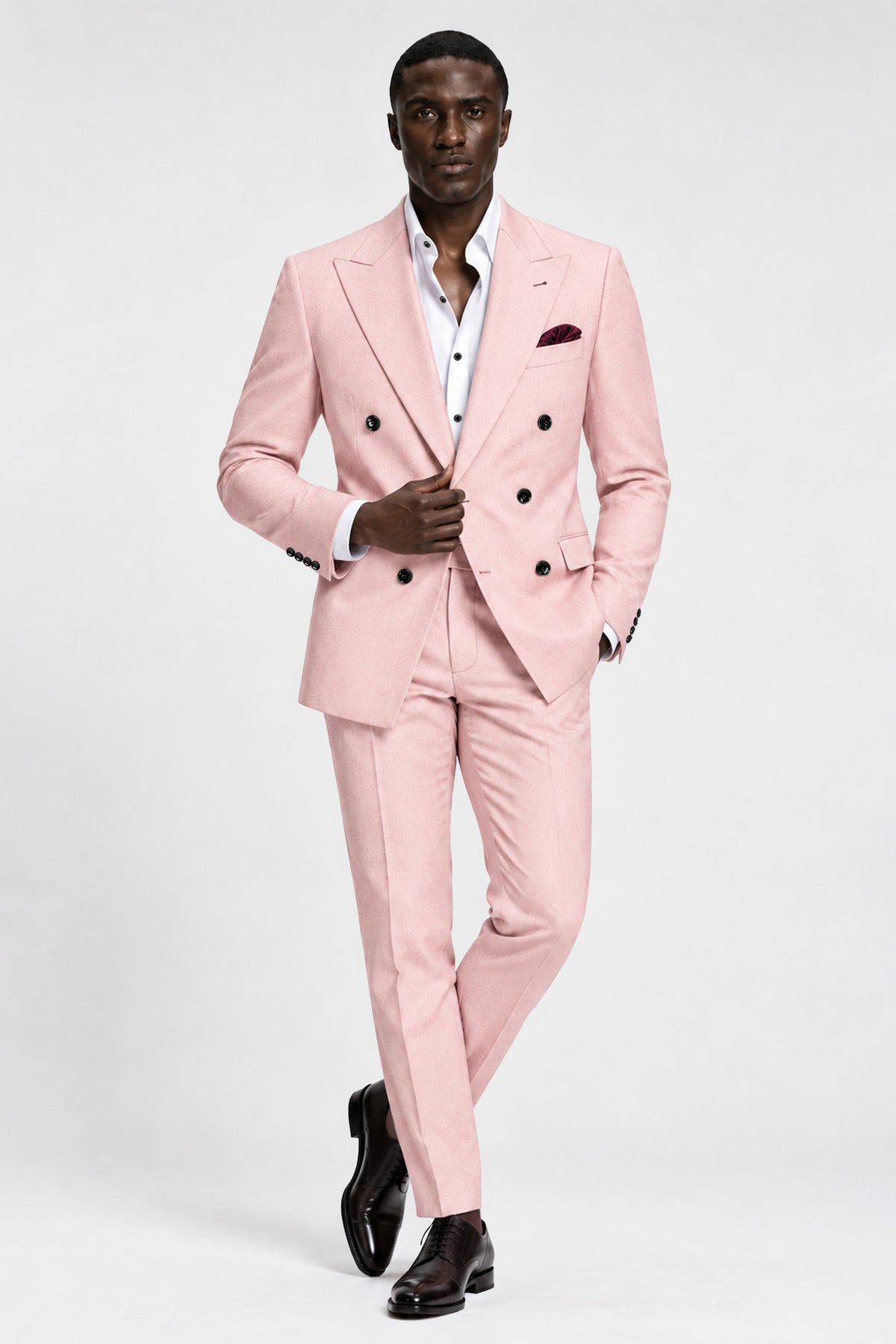 Blush-Cosmos Pink Diamond Textured Wool Rich Slight Stretch Double Breasted Blazer