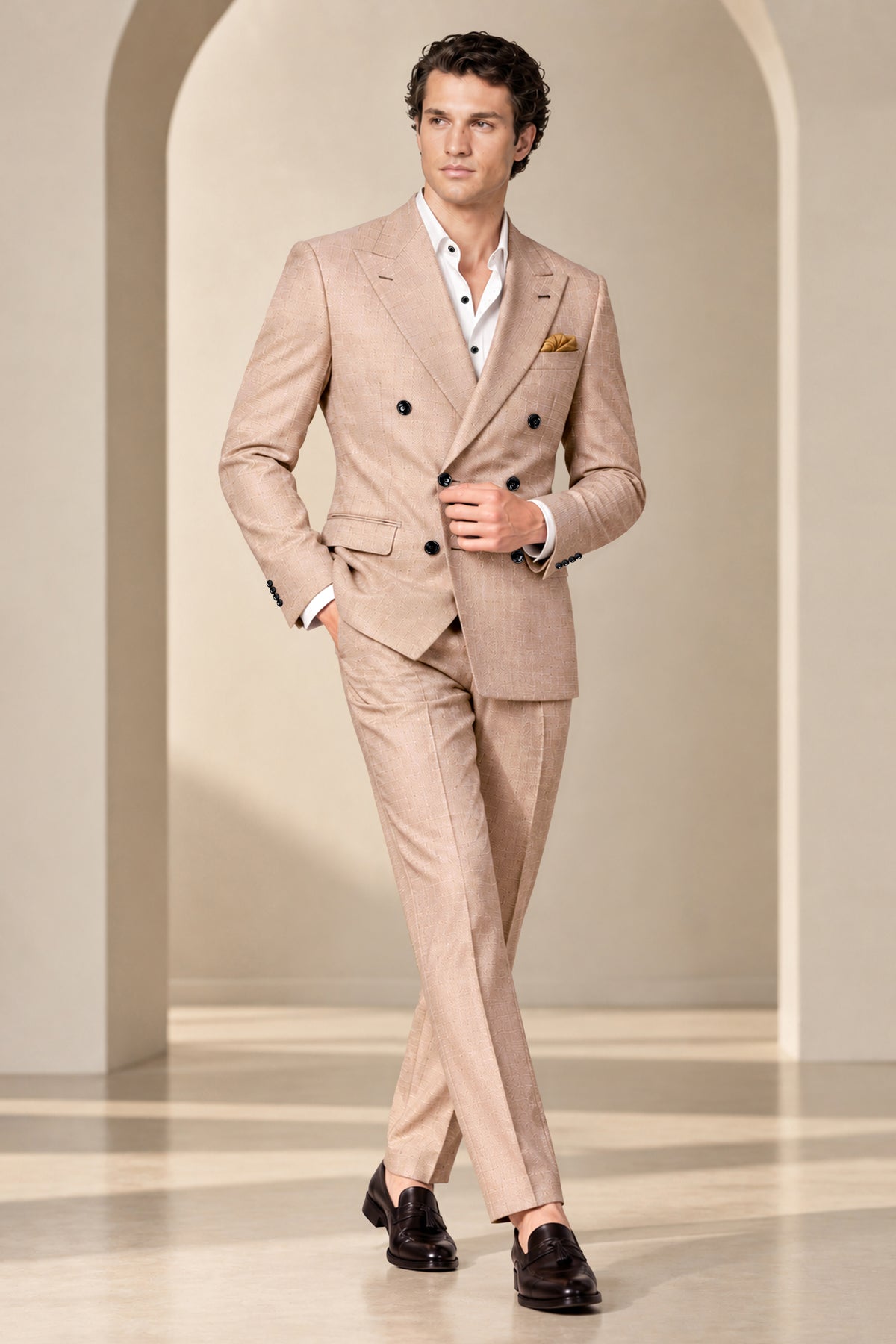 Terrano-Rodeo Brown Diamond Textured Wool Rich Slight Stretch Double Breasted Blazer