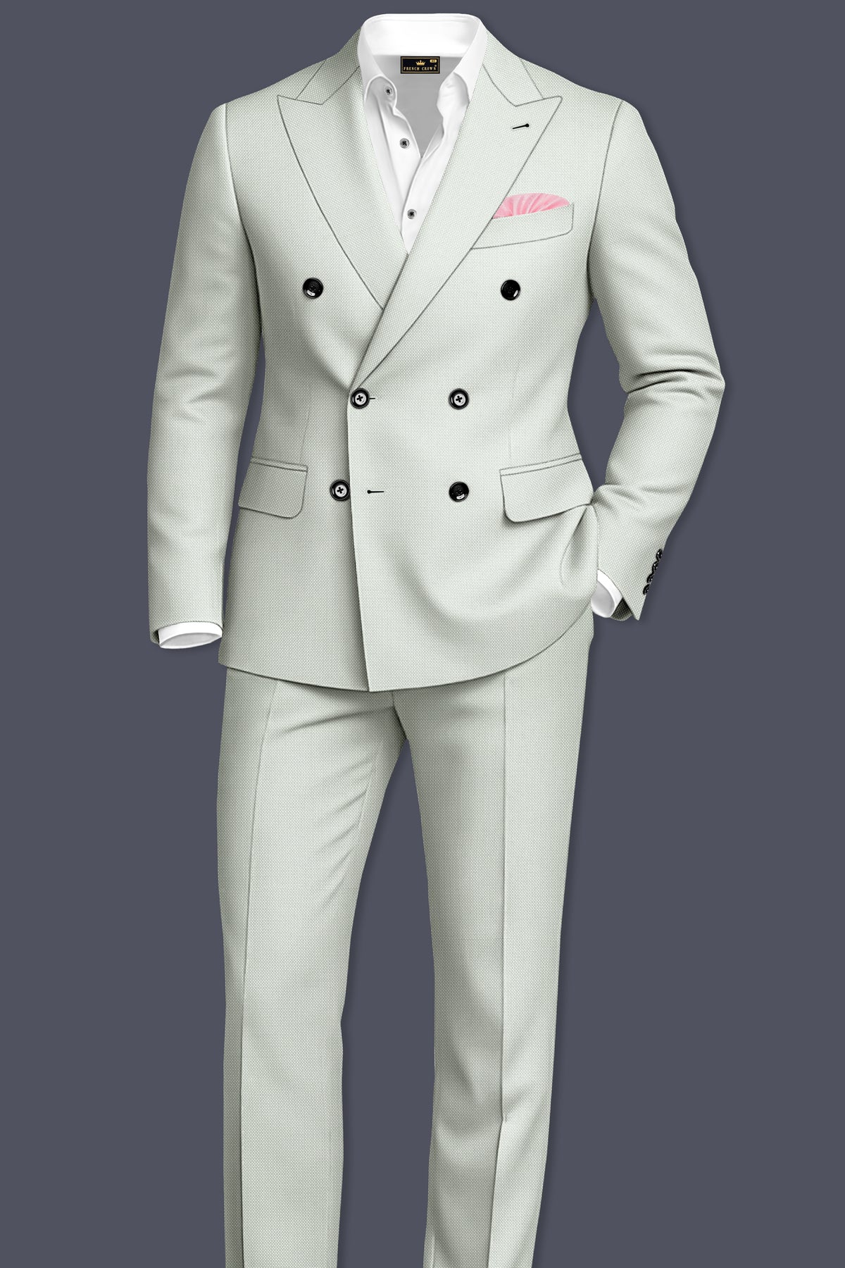 Cavell-Ash Gray Diamond Textured Wool Rich Slight Stretch Double Breasted Blazer