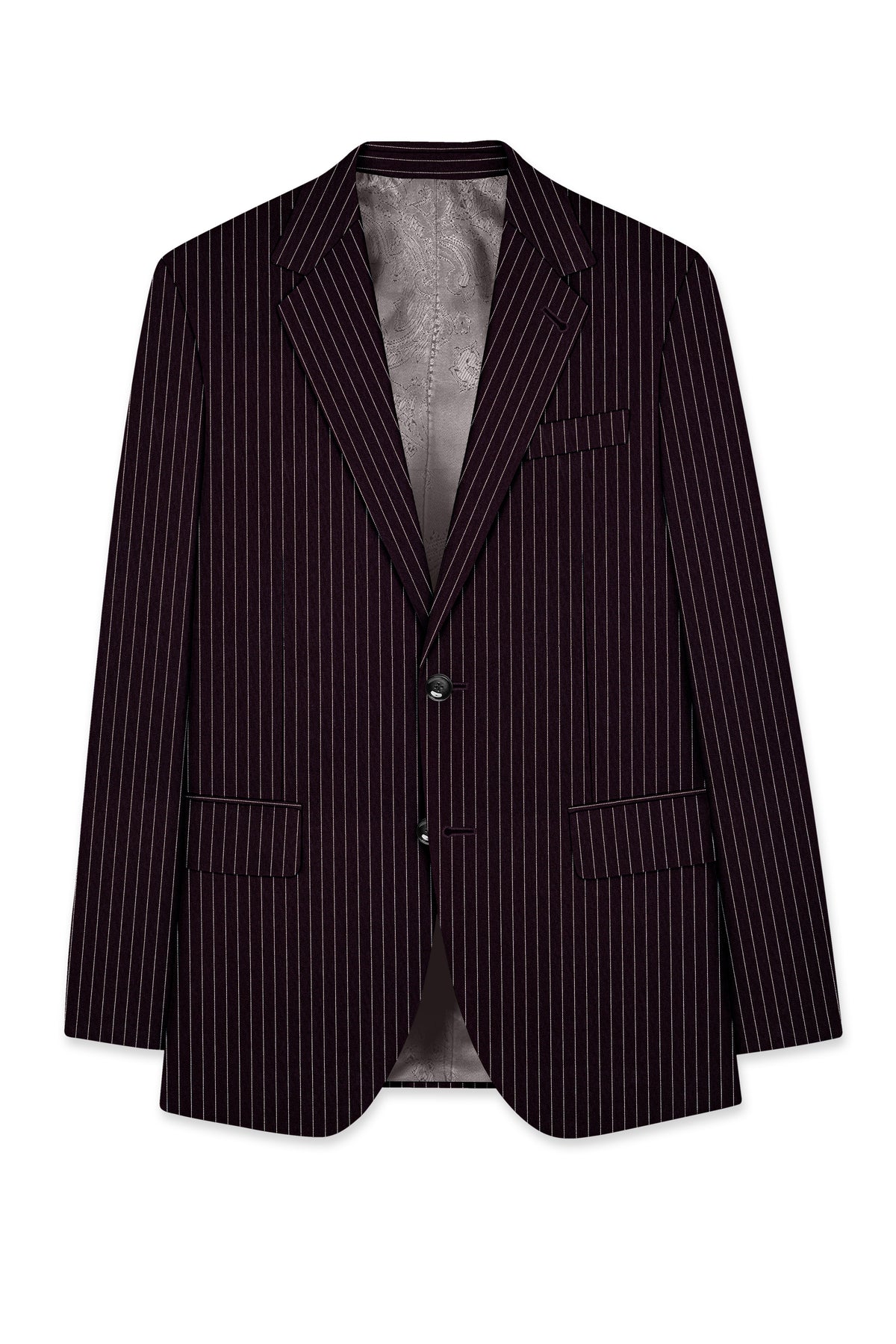 Vesper-Gondola Maroon Chalk Striped Wool Rich Wrinkle-Free Fluid Drape Fabric Single Breasted Blazer
