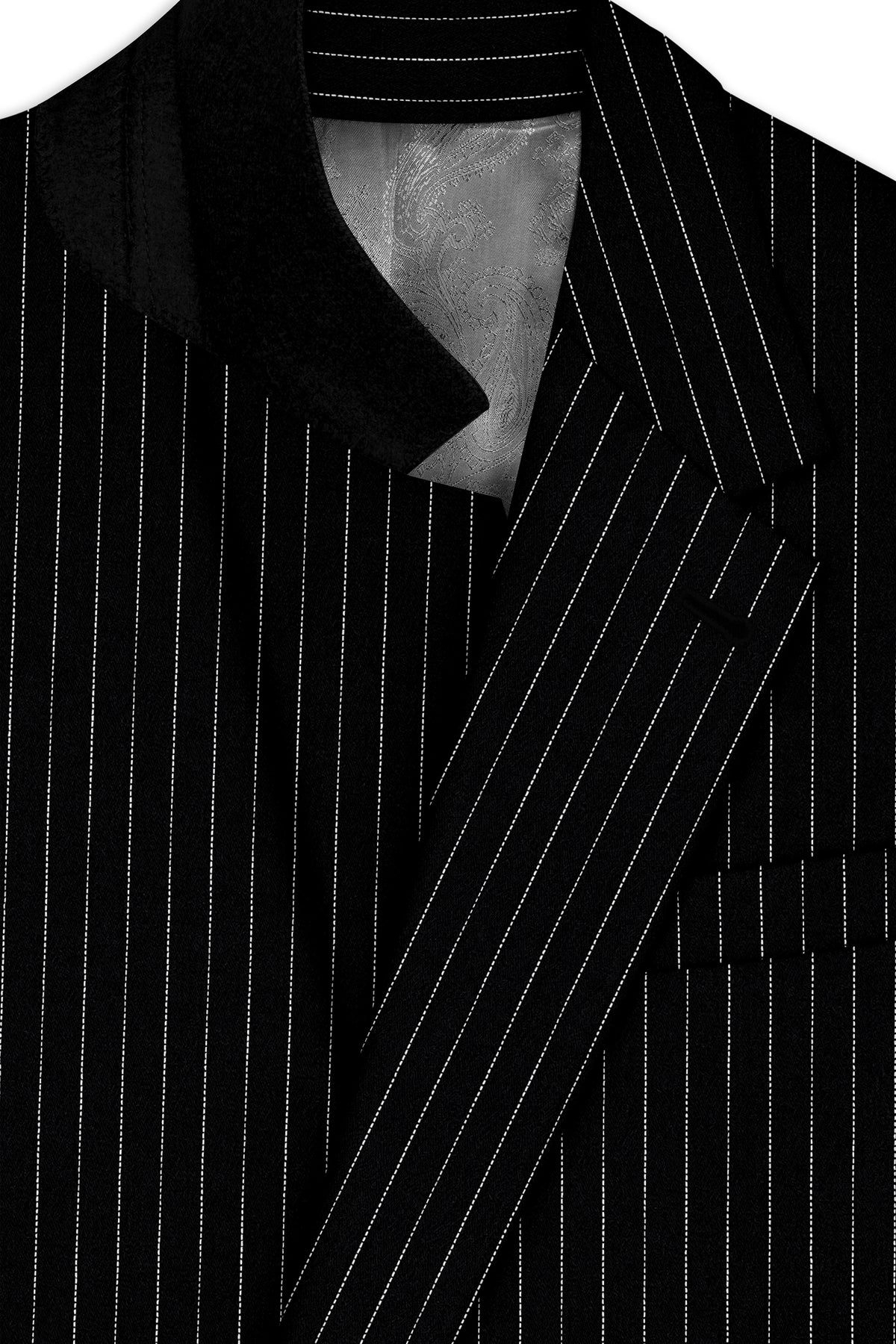 Noble-Jade Black Chalk Striped Wool Rich Wrinkle-Free Fluid Drape Fabric Single Breasted Blazer