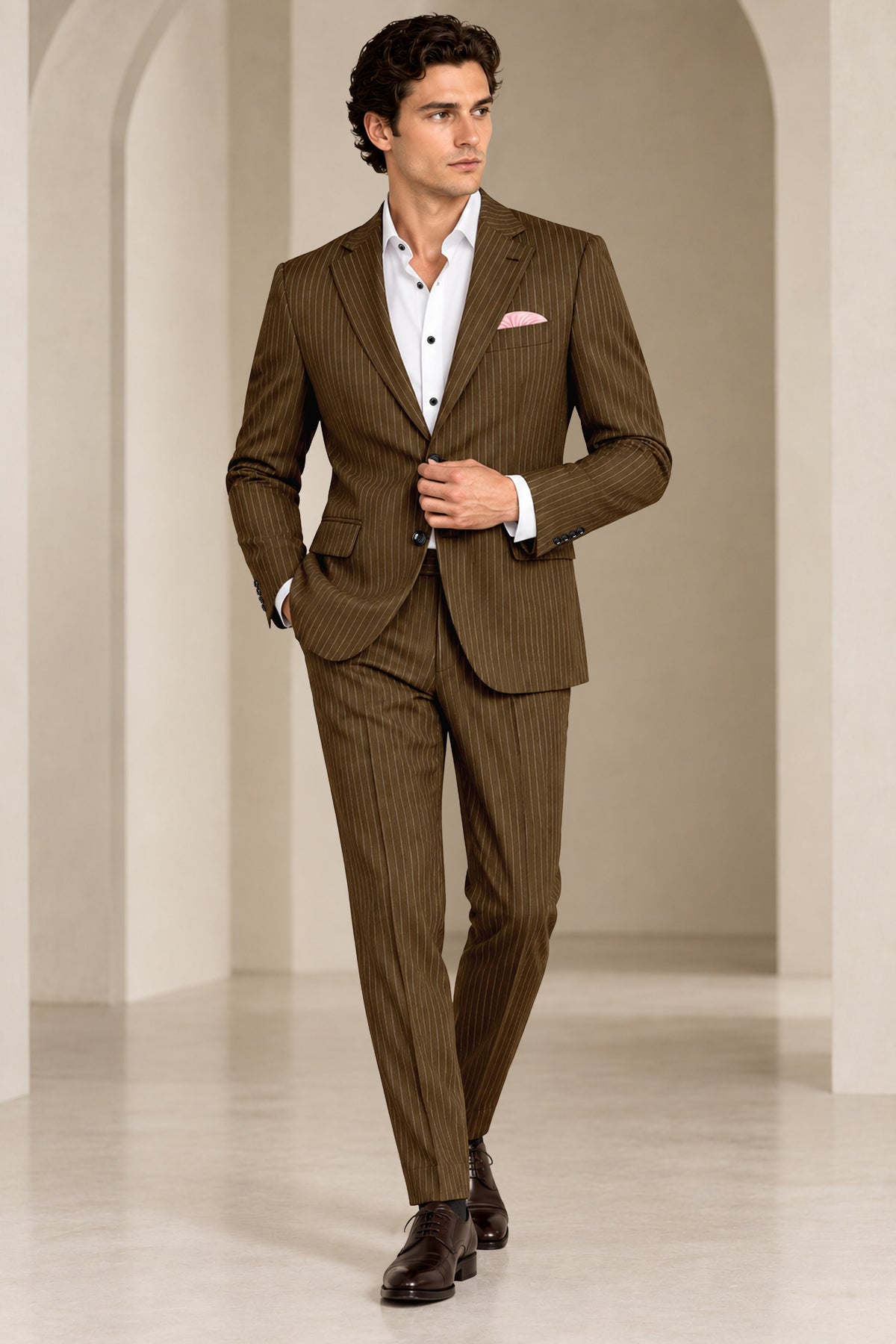 Sable-Antique Brown Chalk Striped Wool Rich Wrinkle-Free Fluid Drape Fabric Single Breasted Blazer
