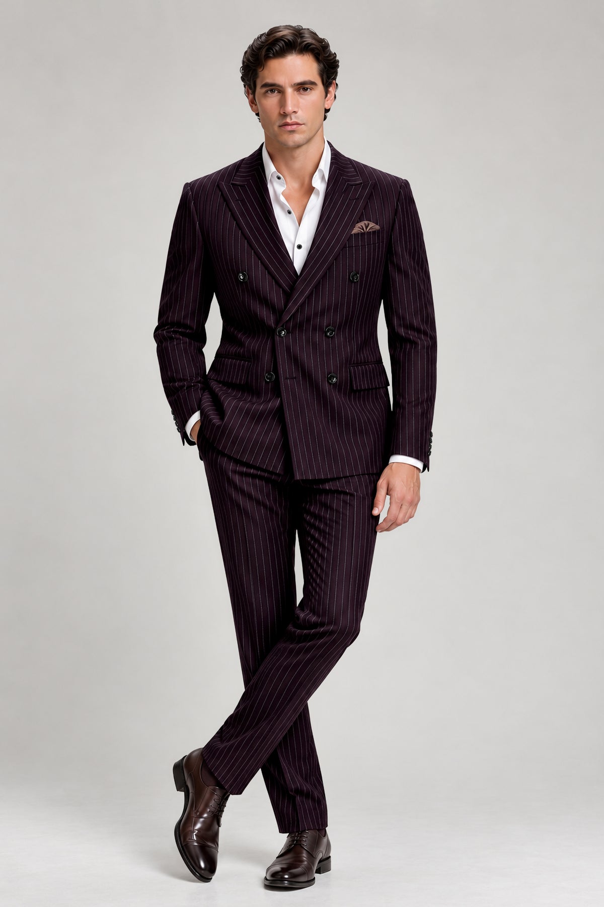 Vesper-Gondola Maroon Chalk Striped Wool Rich Wrinkle-Free Fluid Drape Fabric Double Breasted Blazer
