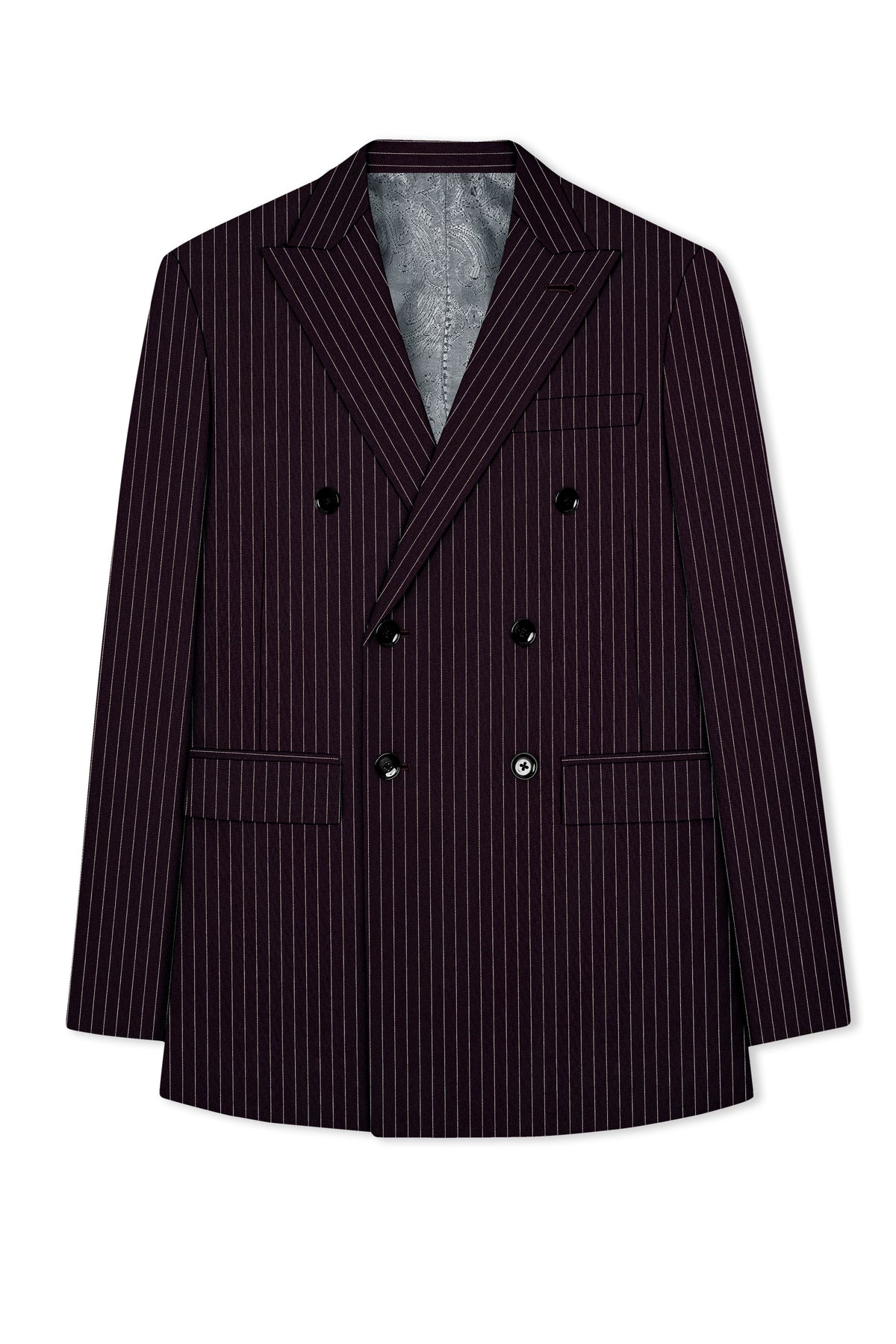 Vesper-Gondola Maroon Chalk Striped Wool Rich Wrinkle-Free Fluid Drape Fabric Double Breasted Blazer